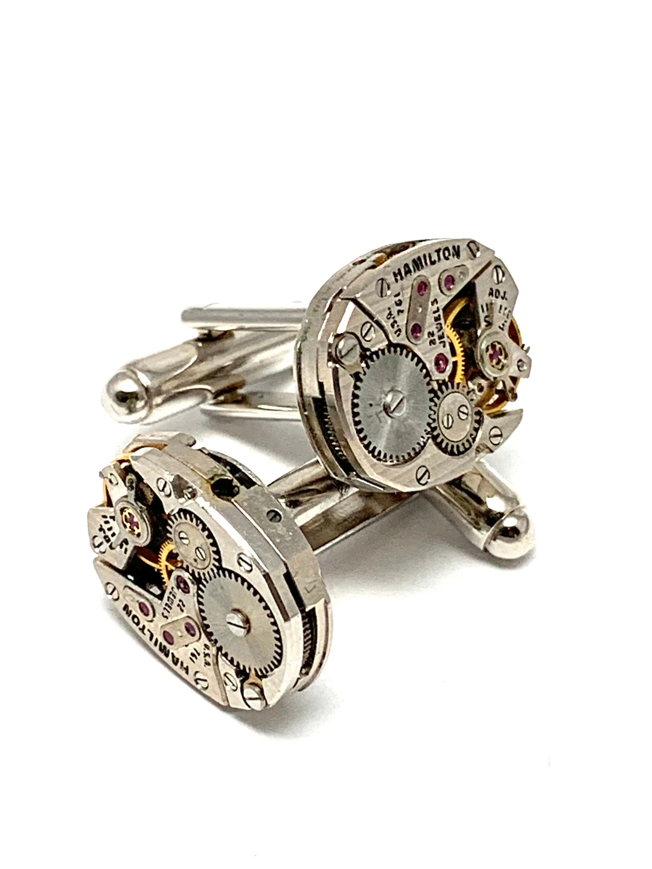Genuine Hamilton movement Steampunk Cufflinks Matching Vintage Silver Luxury Pinstriped Jeweled Movement Cufflinks for him Men Wedding Gift