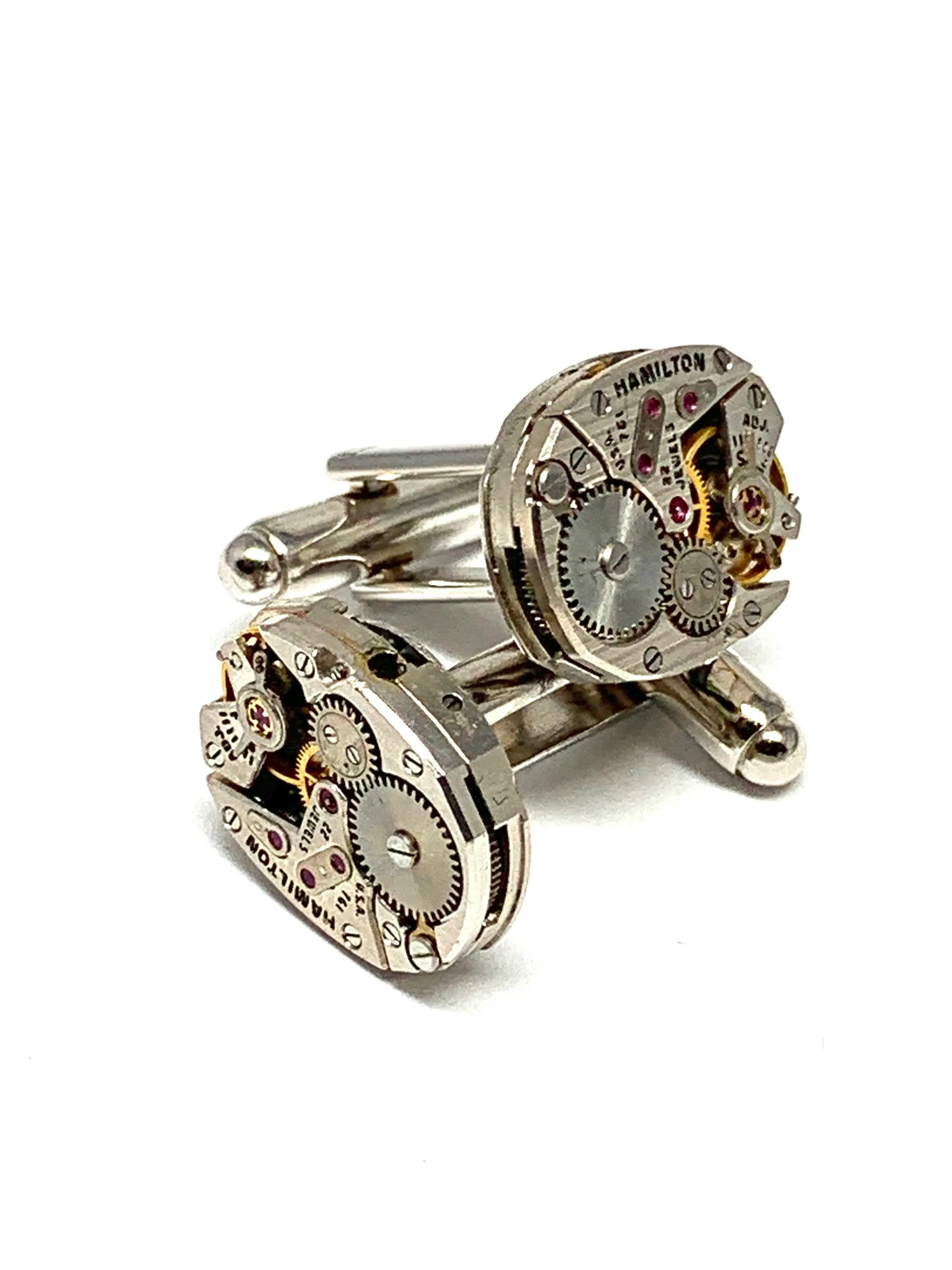 Genuine Hamilton movement Steampunk Cufflinks Matching Vintage Silver Luxury Pinstriped Jeweled Movement Cufflinks for him Men Wedding Gift