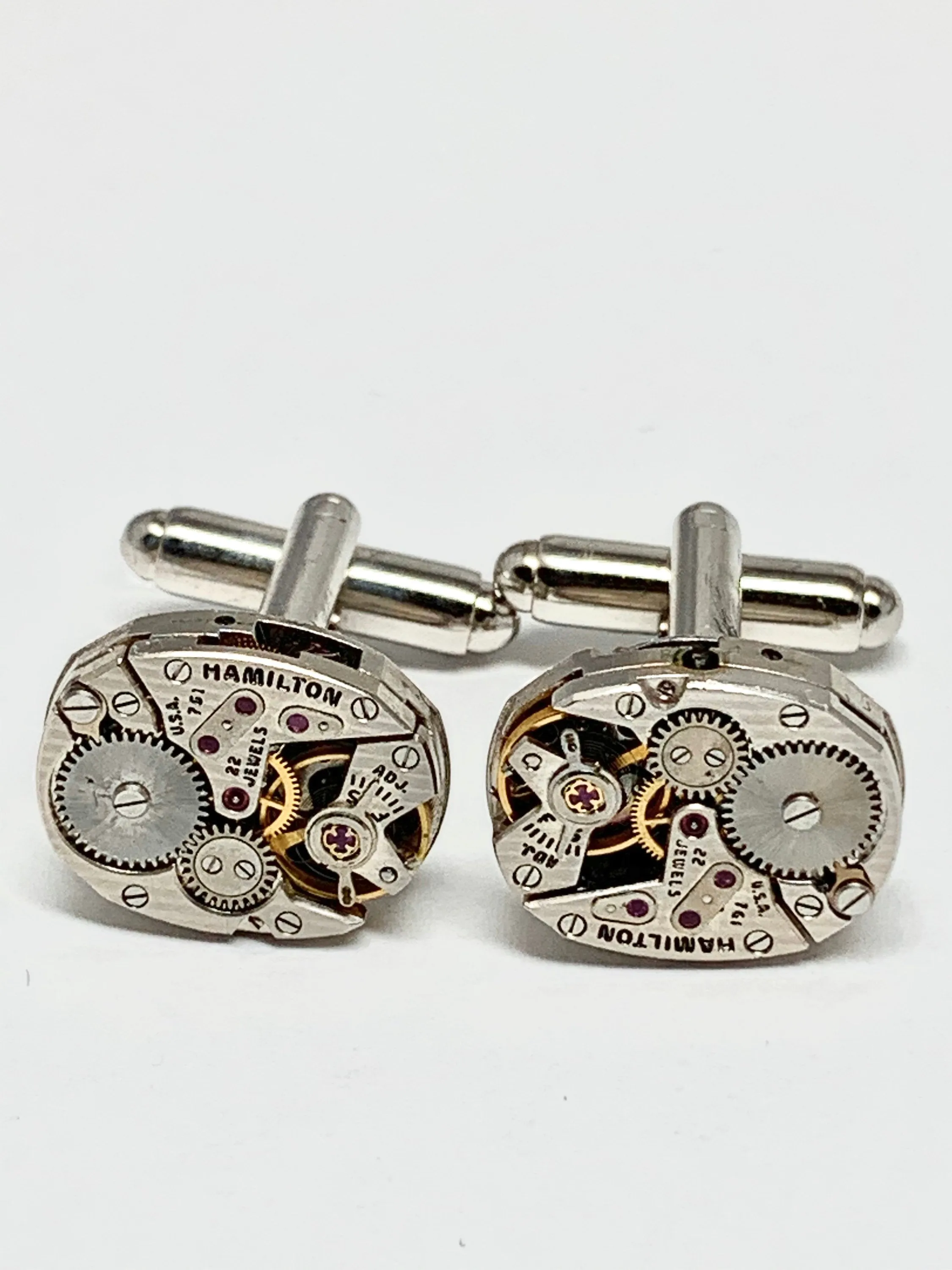Genuine Hamilton movement Steampunk Cufflinks Matching Vintage Silver Luxury Pinstriped Jeweled Movement Cufflinks for him Men Wedding Gift