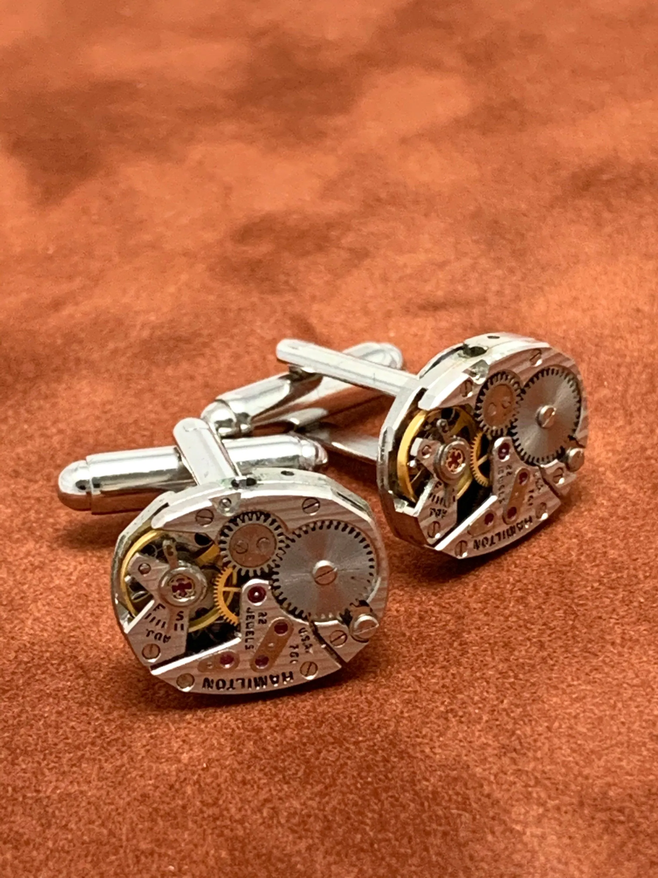 Genuine Hamilton movement Steampunk Cufflinks Matching Vintage Silver Luxury Pinstriped Jeweled Movement Cufflinks for him Men Wedding Gift