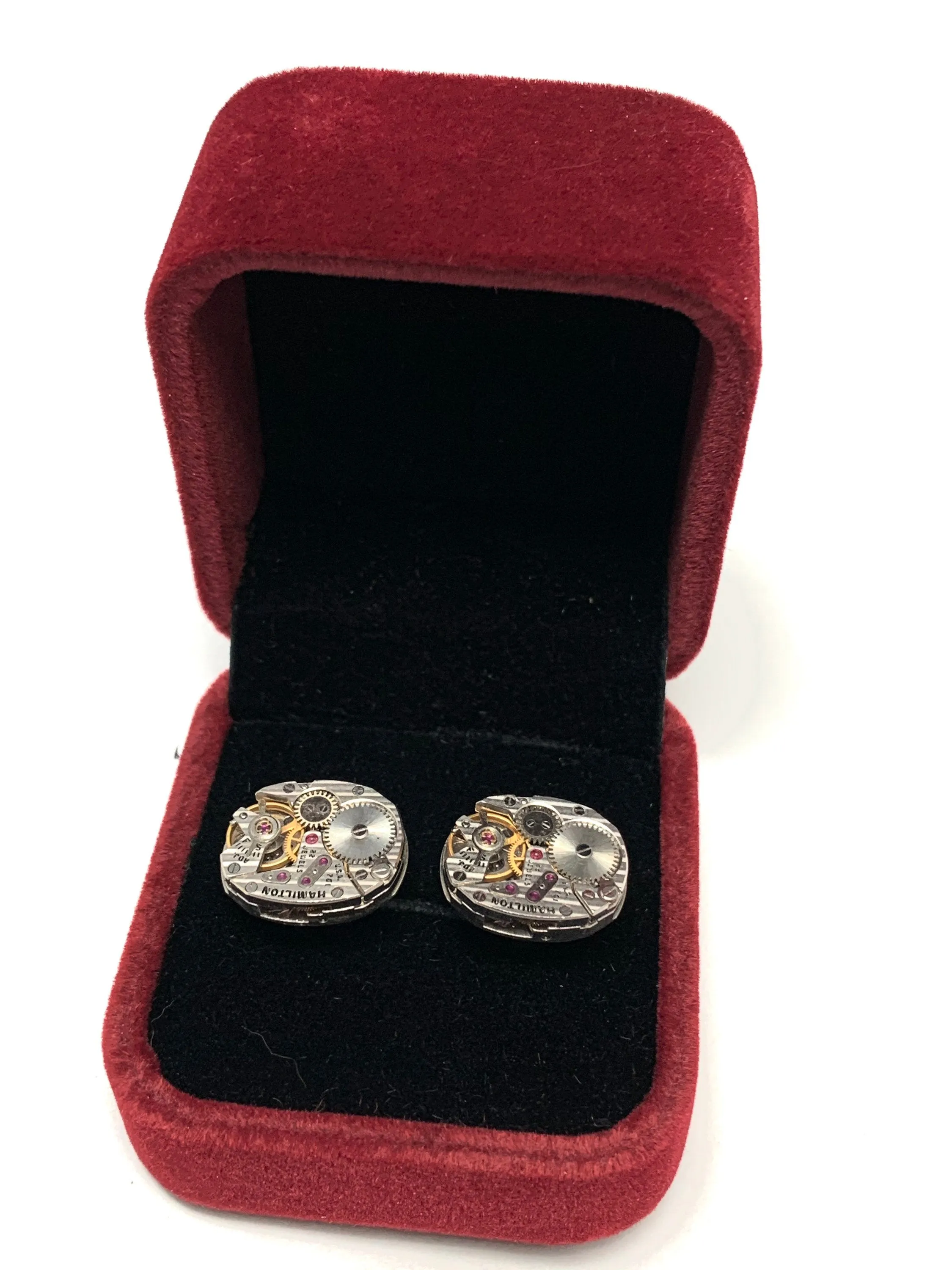 Genuine Hamilton movement Steampunk Cufflinks Matching Vintage Silver Luxury Pinstriped Jeweled Movement Cufflinks for him Men Wedding Gift
