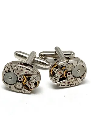 Genuine Hamilton movement Steampunk Cufflinks Matching Vintage Silver Luxury Pinstriped Jeweled Movement Cufflinks for him Men Wedding Gift