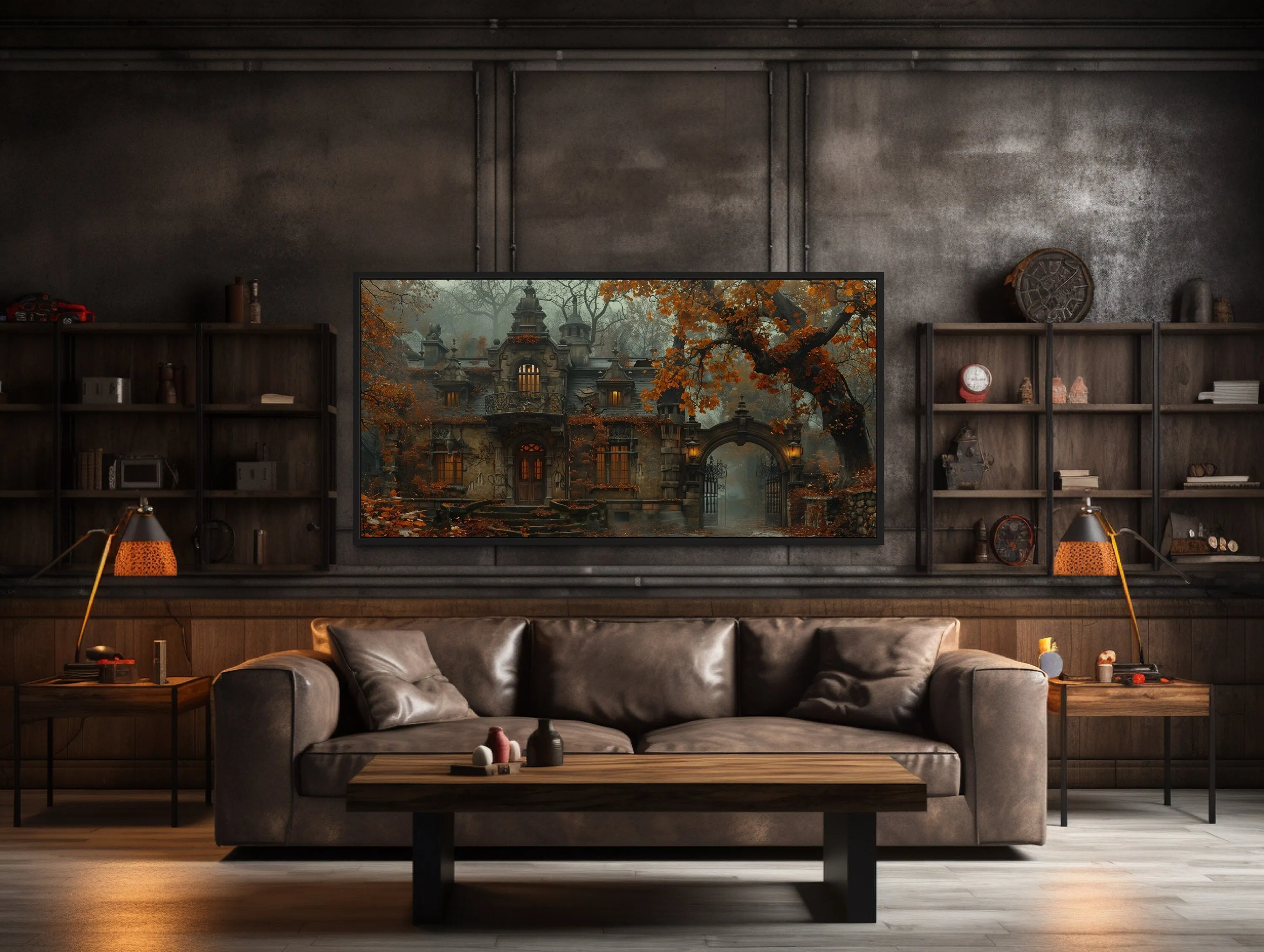 Gothic Haunted Victorian House In Autumn Fog Wall Art