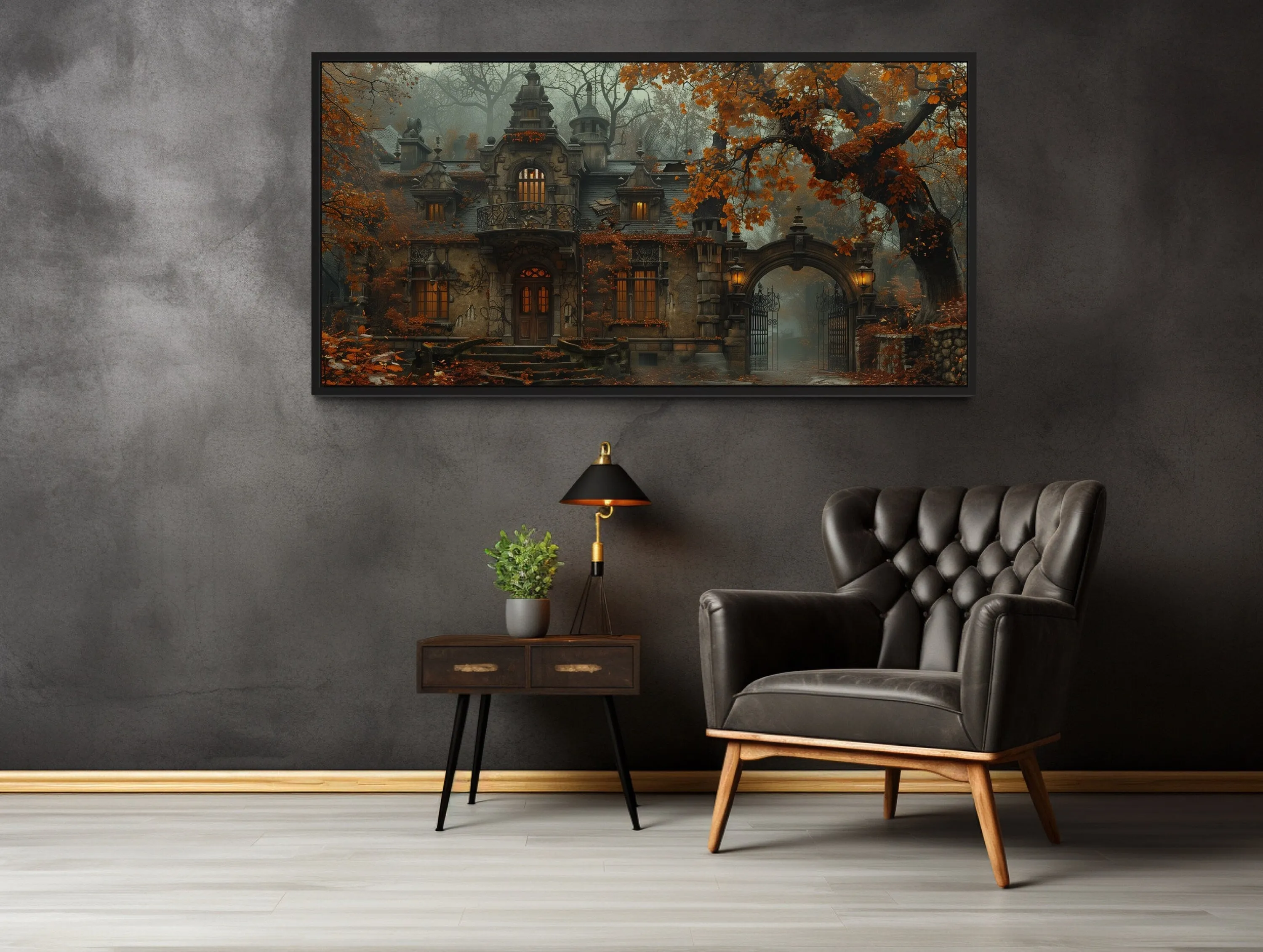 Gothic Haunted Victorian House In Autumn Fog Wall Art