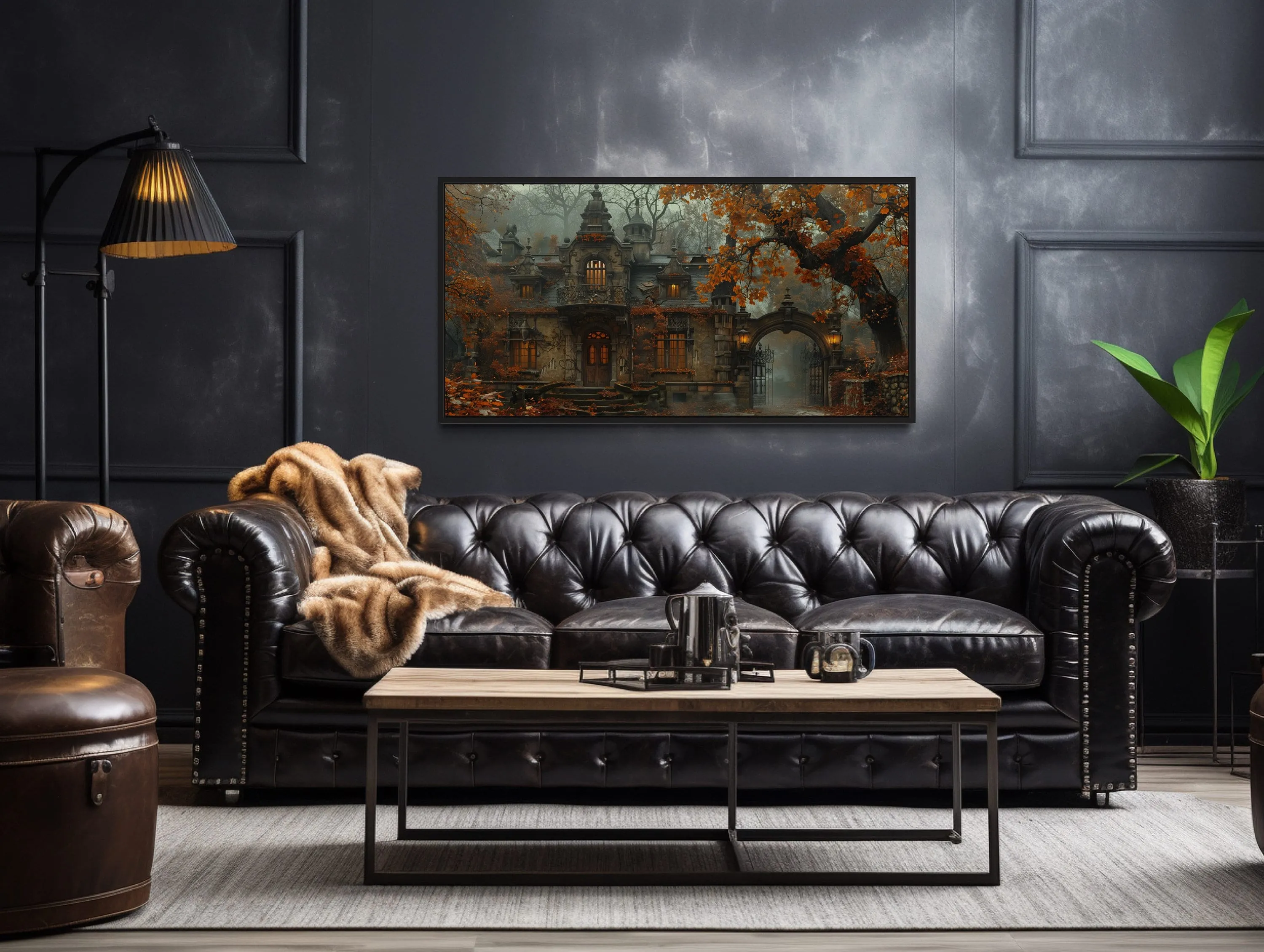 Gothic Haunted Victorian House In Autumn Fog Wall Art
