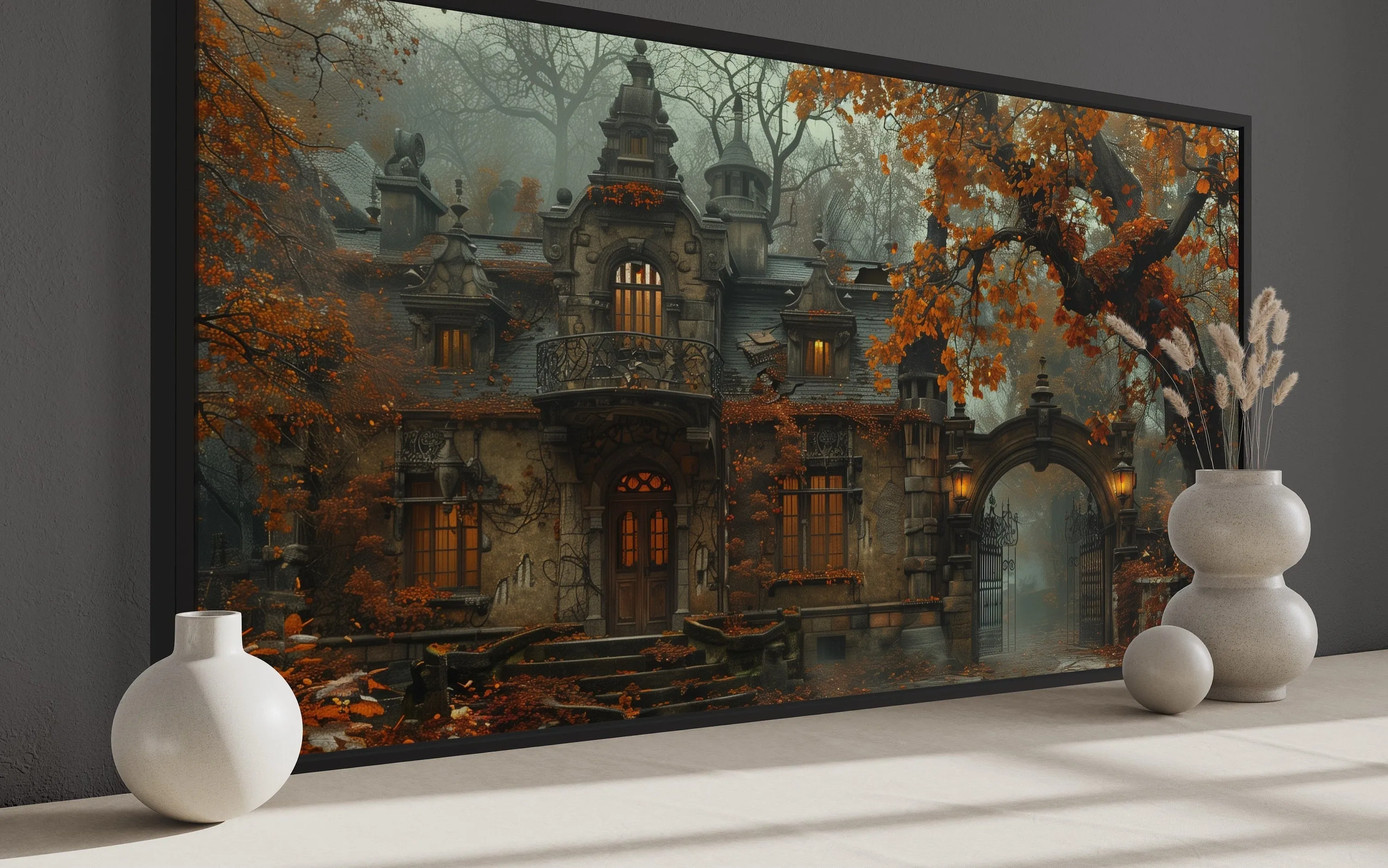 Gothic Haunted Victorian House In Autumn Fog Wall Art