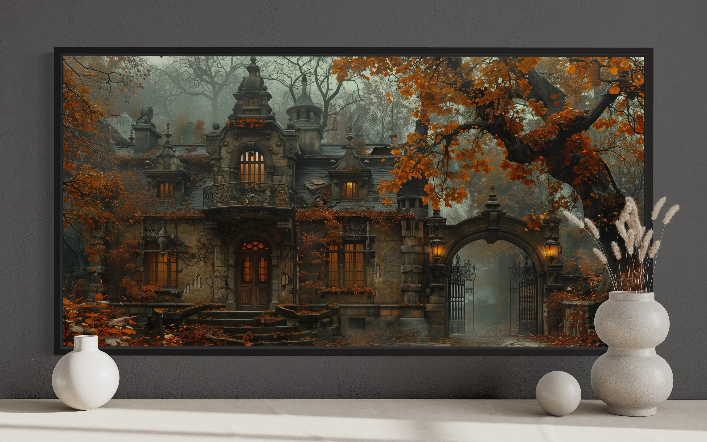 Gothic Haunted Victorian House In Autumn Fog Wall Art
