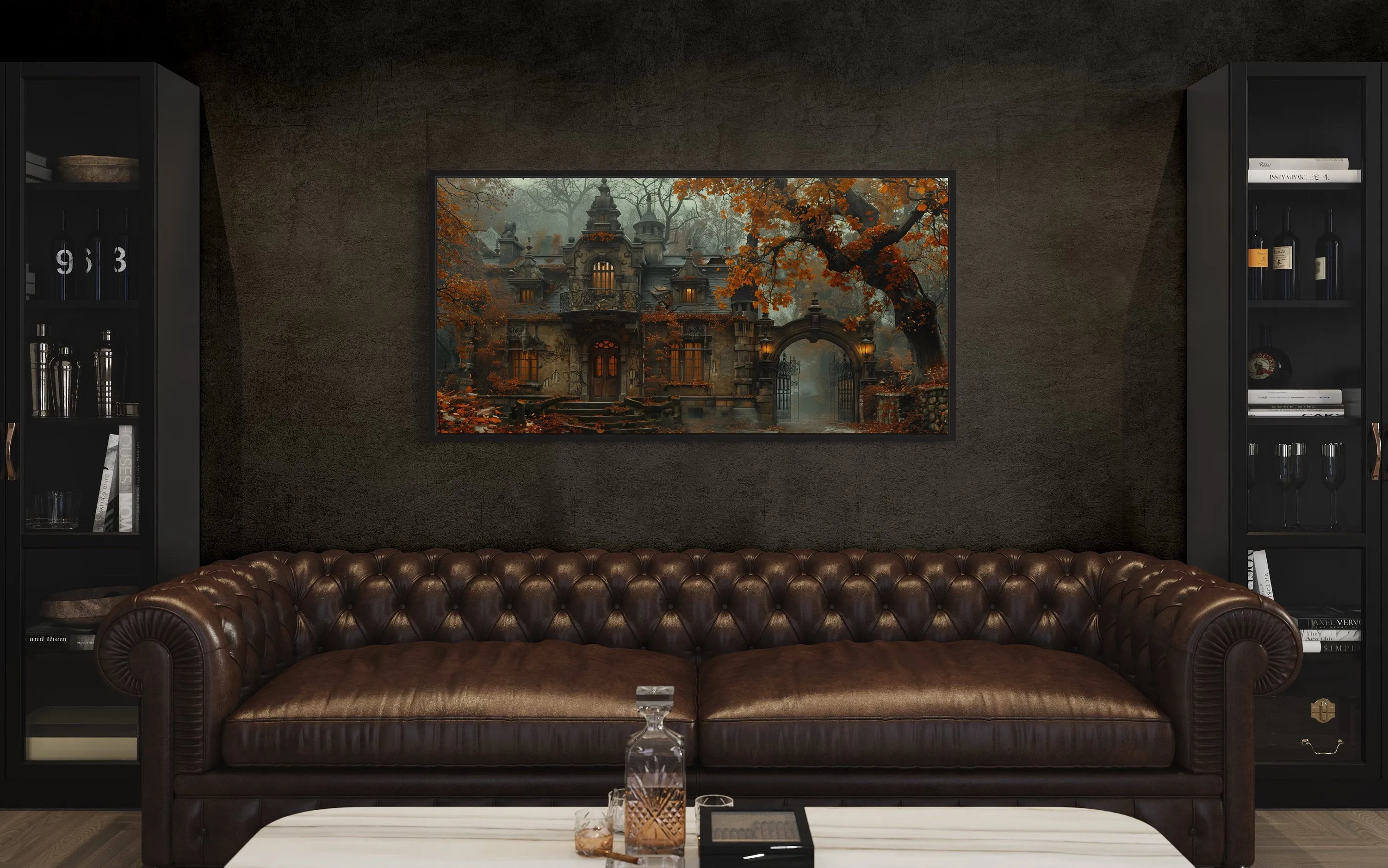 Gothic Haunted Victorian House In Autumn Fog Wall Art