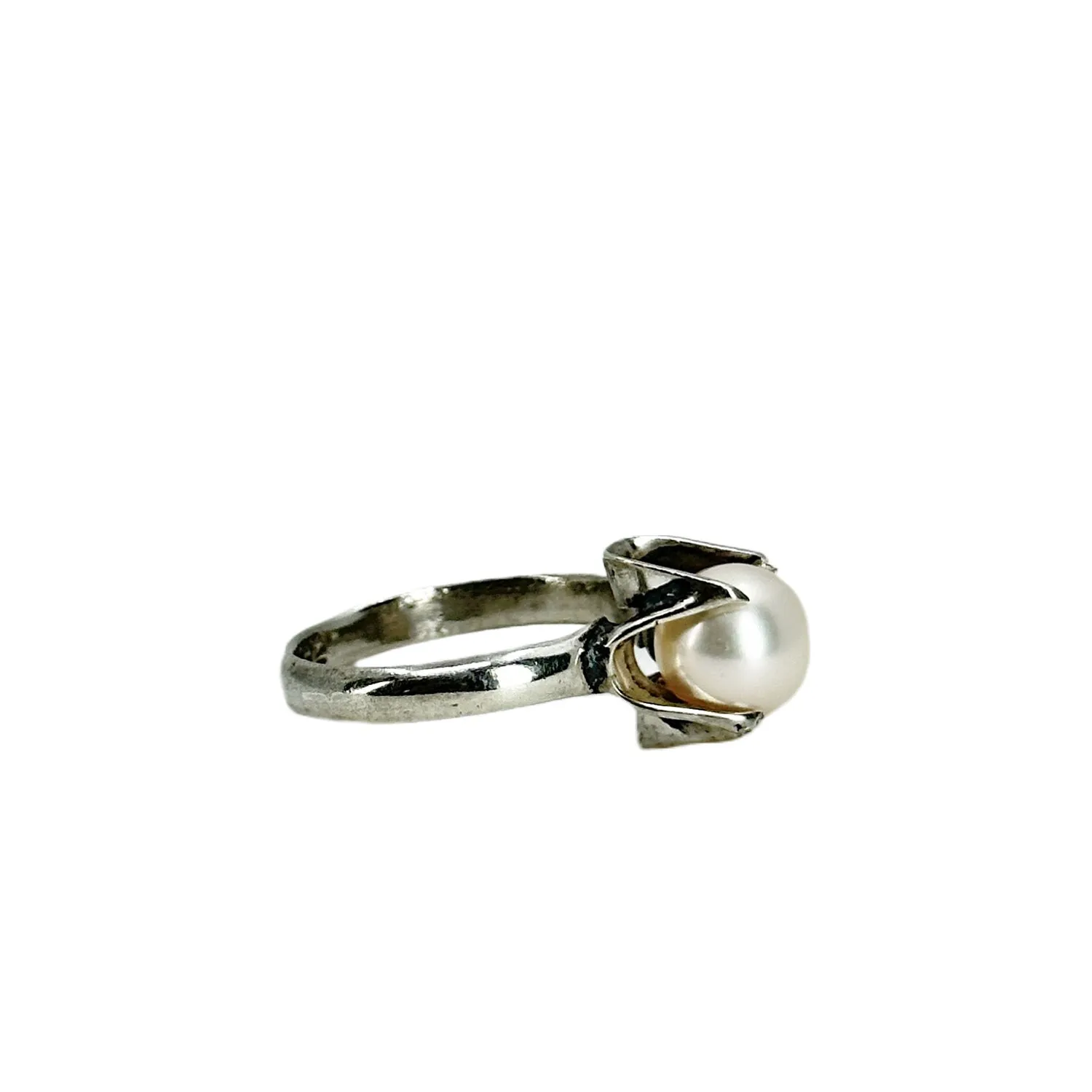 Gothic Solitaire Japanese Saltwater Akoya Cultured Pearl Buttercup Ring- Sterling Silver Sz 5