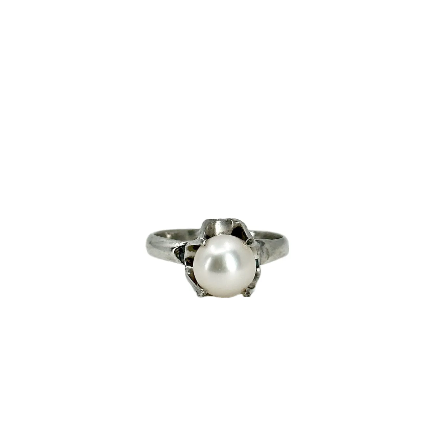 Gothic Solitaire Japanese Saltwater Akoya Cultured Pearl Buttercup Ring- Sterling Silver Sz 5
