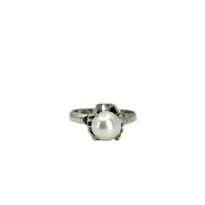 Gothic Solitaire Japanese Saltwater Akoya Cultured Pearl Buttercup Ring- Sterling Silver Sz 5