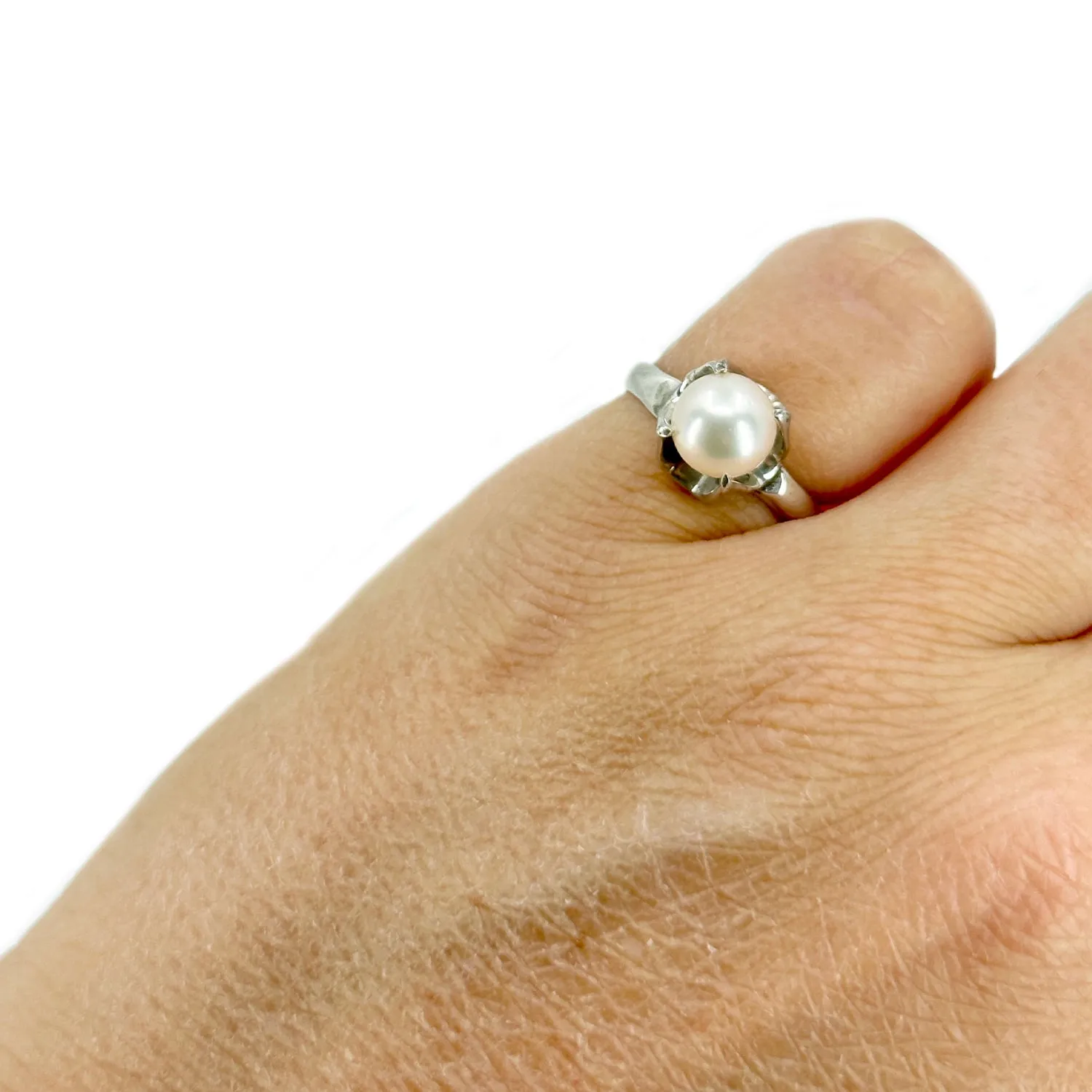 Gothic Solitaire Japanese Saltwater Akoya Cultured Pearl Buttercup Ring- Sterling Silver Sz 5