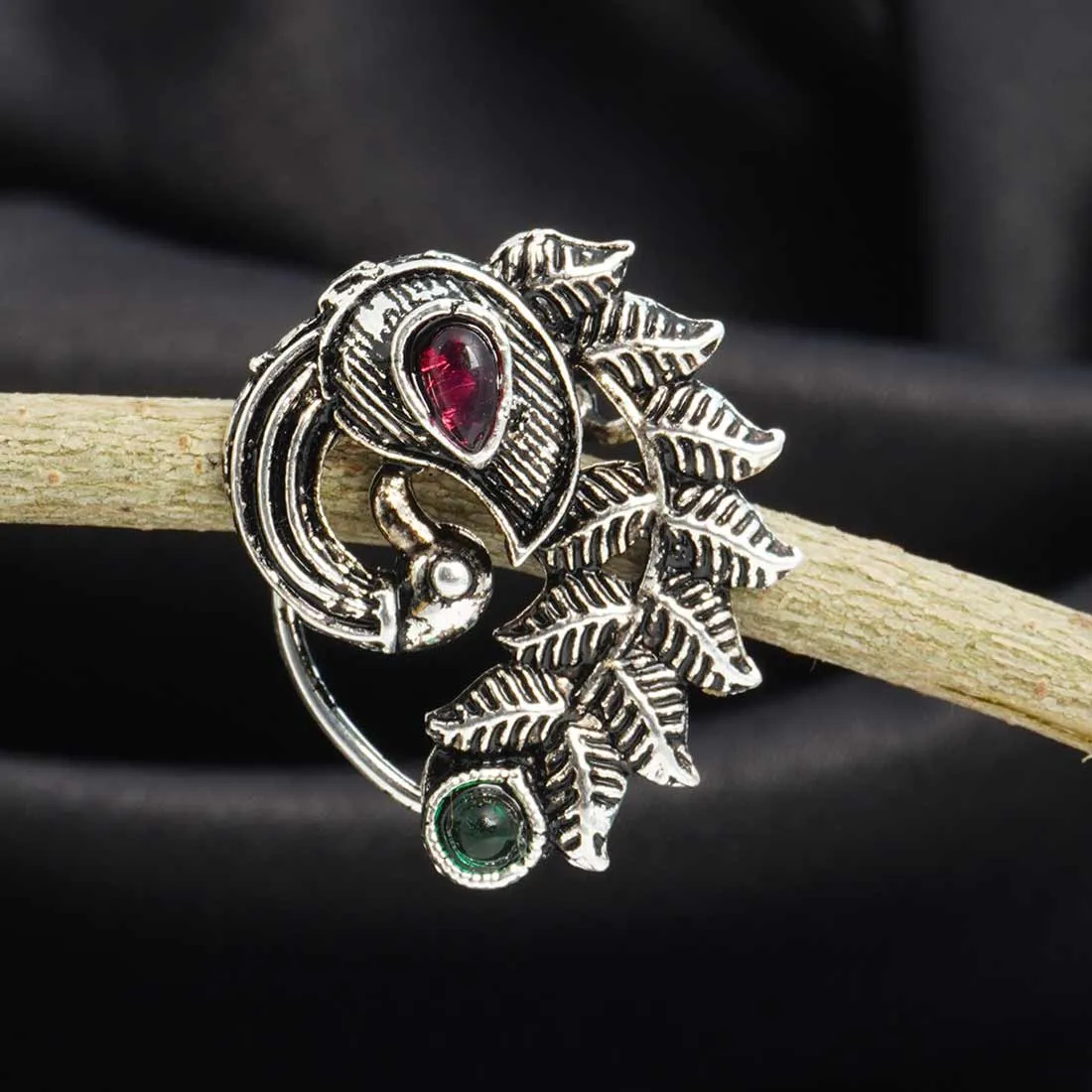 Green & Pink stone Peacock Silver Nath