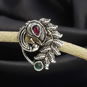 Green & Pink stone Peacock Silver Nath