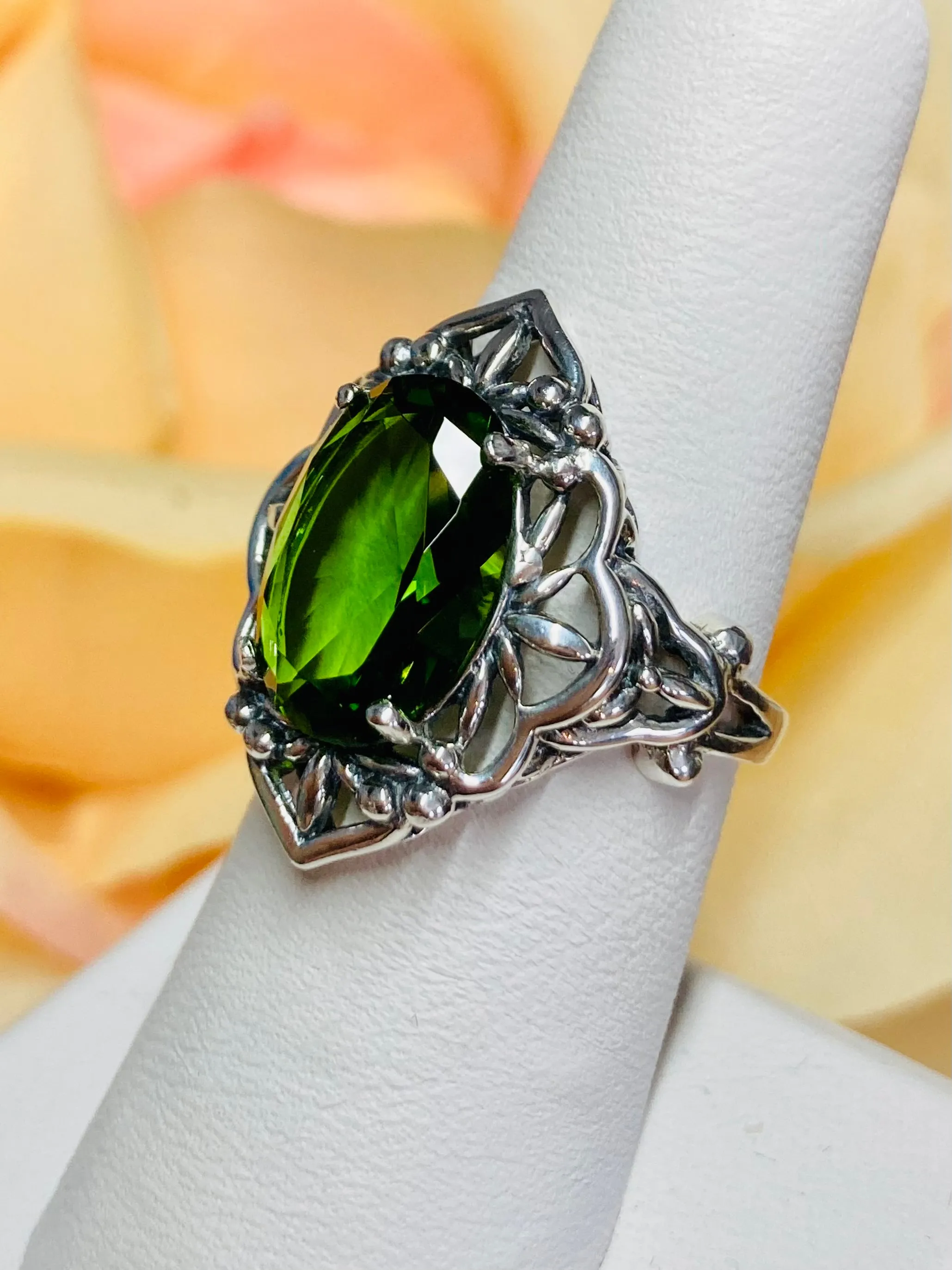 Green Peridot Ring, Gothic Filigree Ring - Vintage Style Ring D98