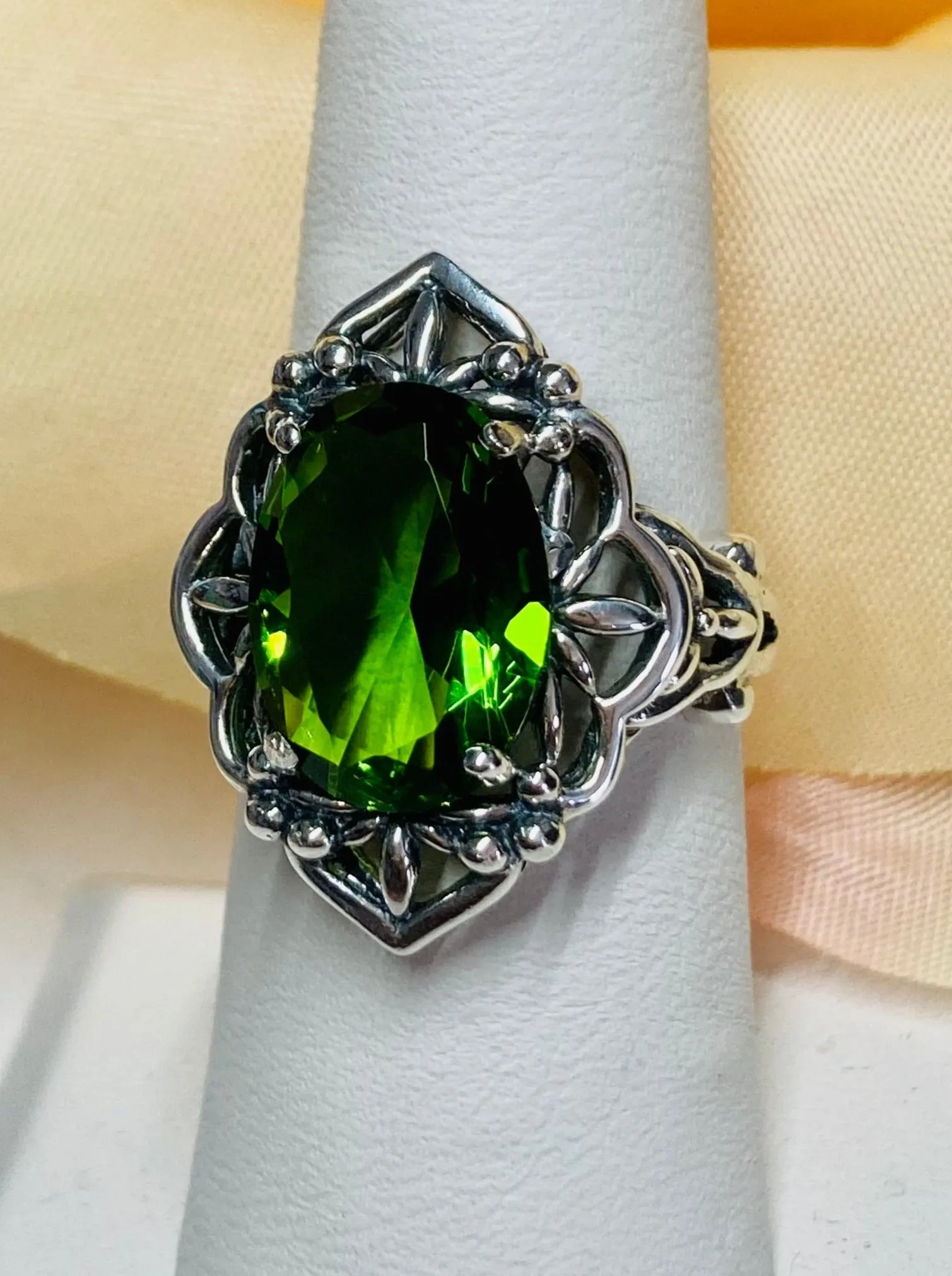 Green Peridot Ring, Gothic Filigree Ring - Vintage Style Ring D98