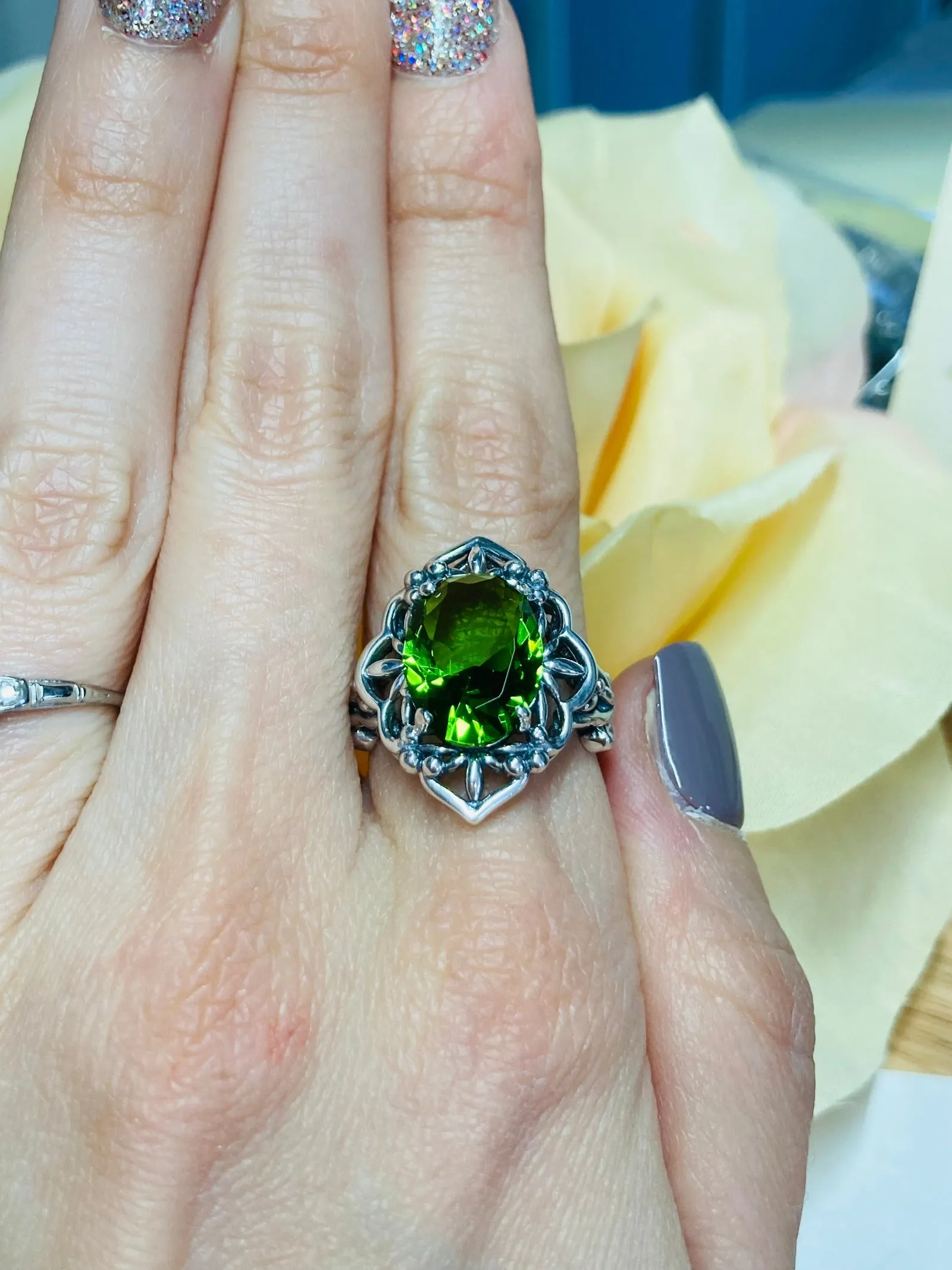 Green Peridot Ring, Gothic Filigree Ring - Vintage Style Ring D98