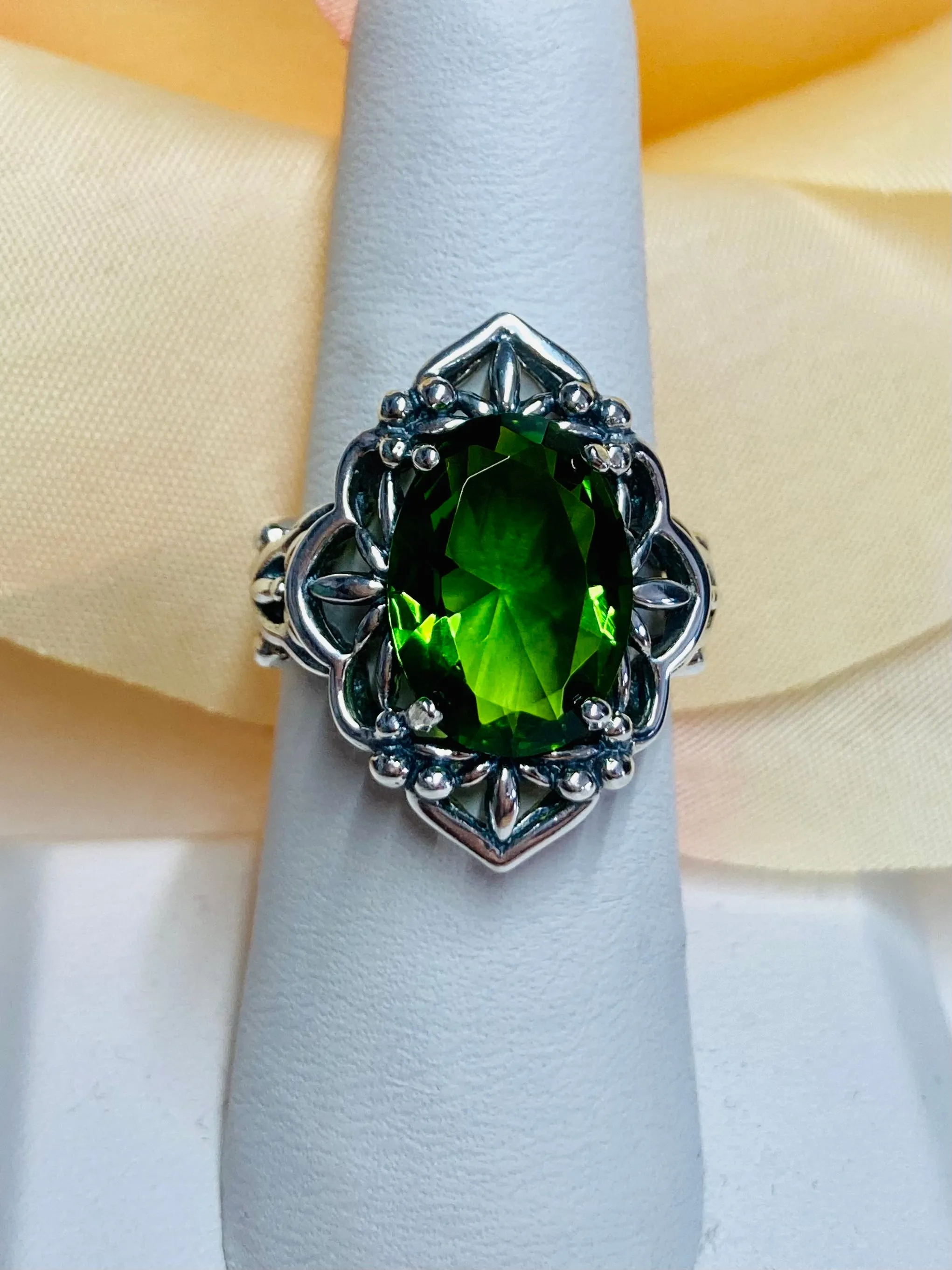 Green Peridot Ring, Gothic Filigree Ring - Vintage Style Ring D98