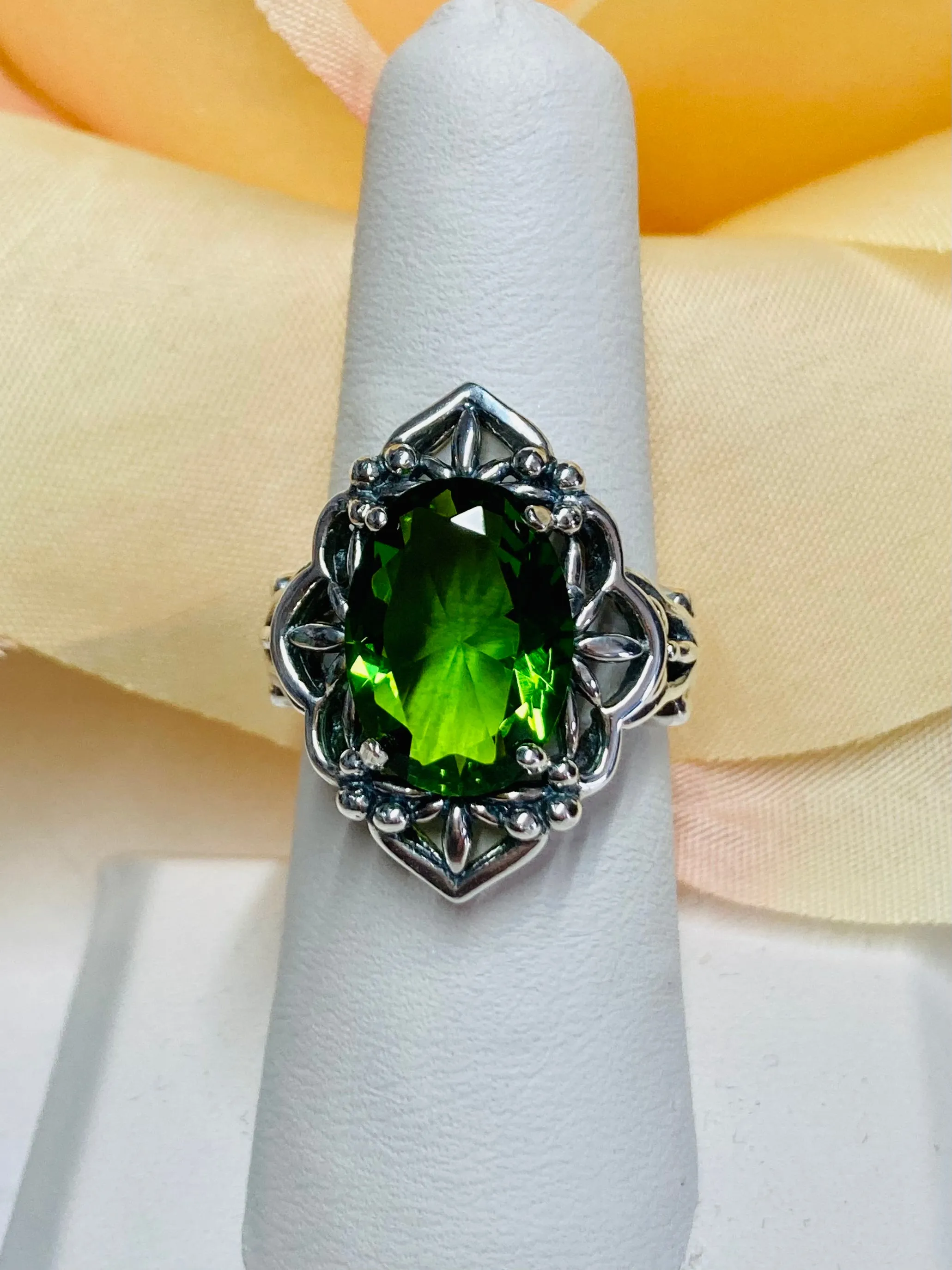 Green Peridot Ring, Gothic Filigree Ring - Vintage Style Ring D98