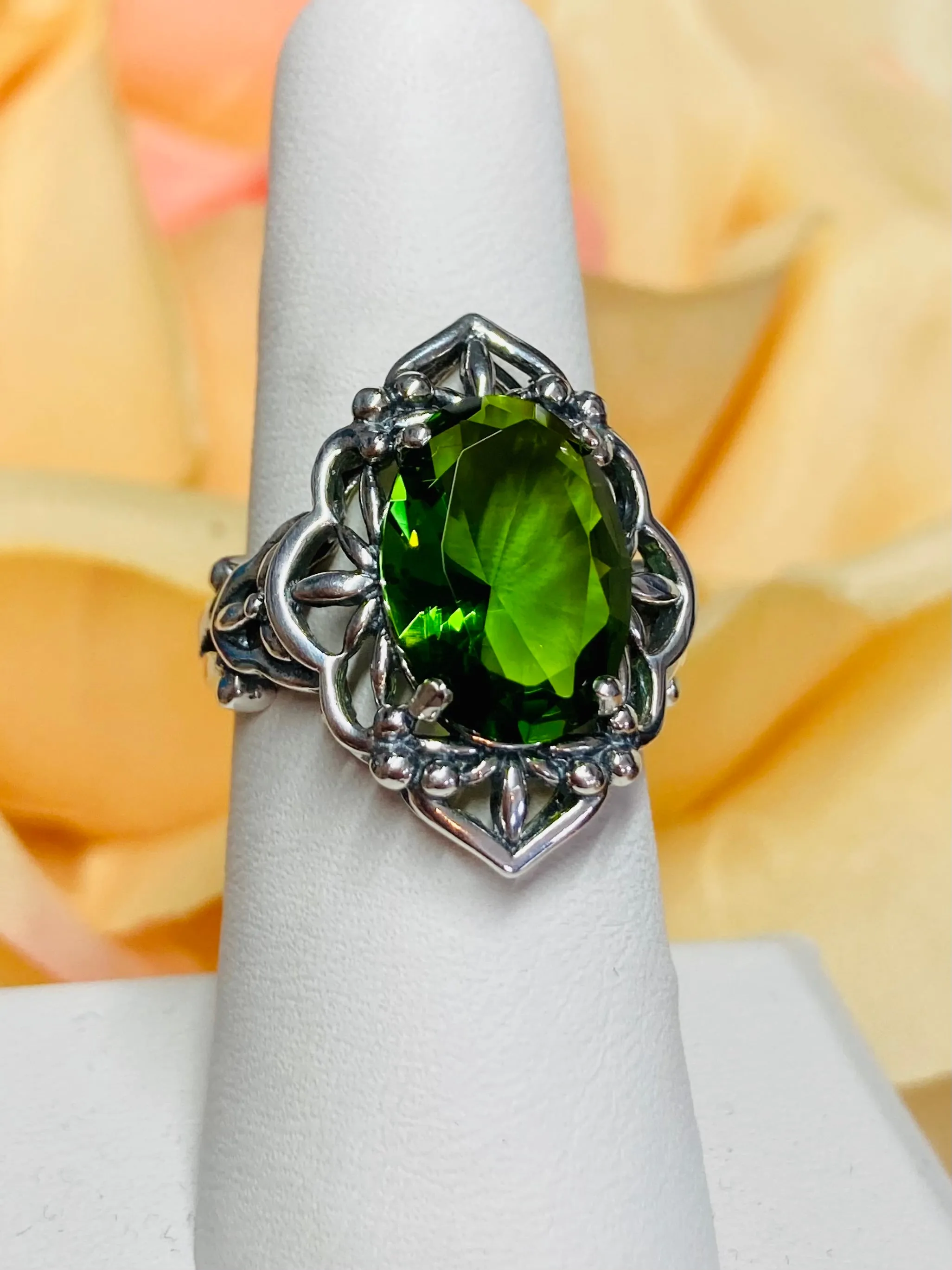 Green Peridot Ring, Gothic Filigree Ring - Vintage Style Ring D98