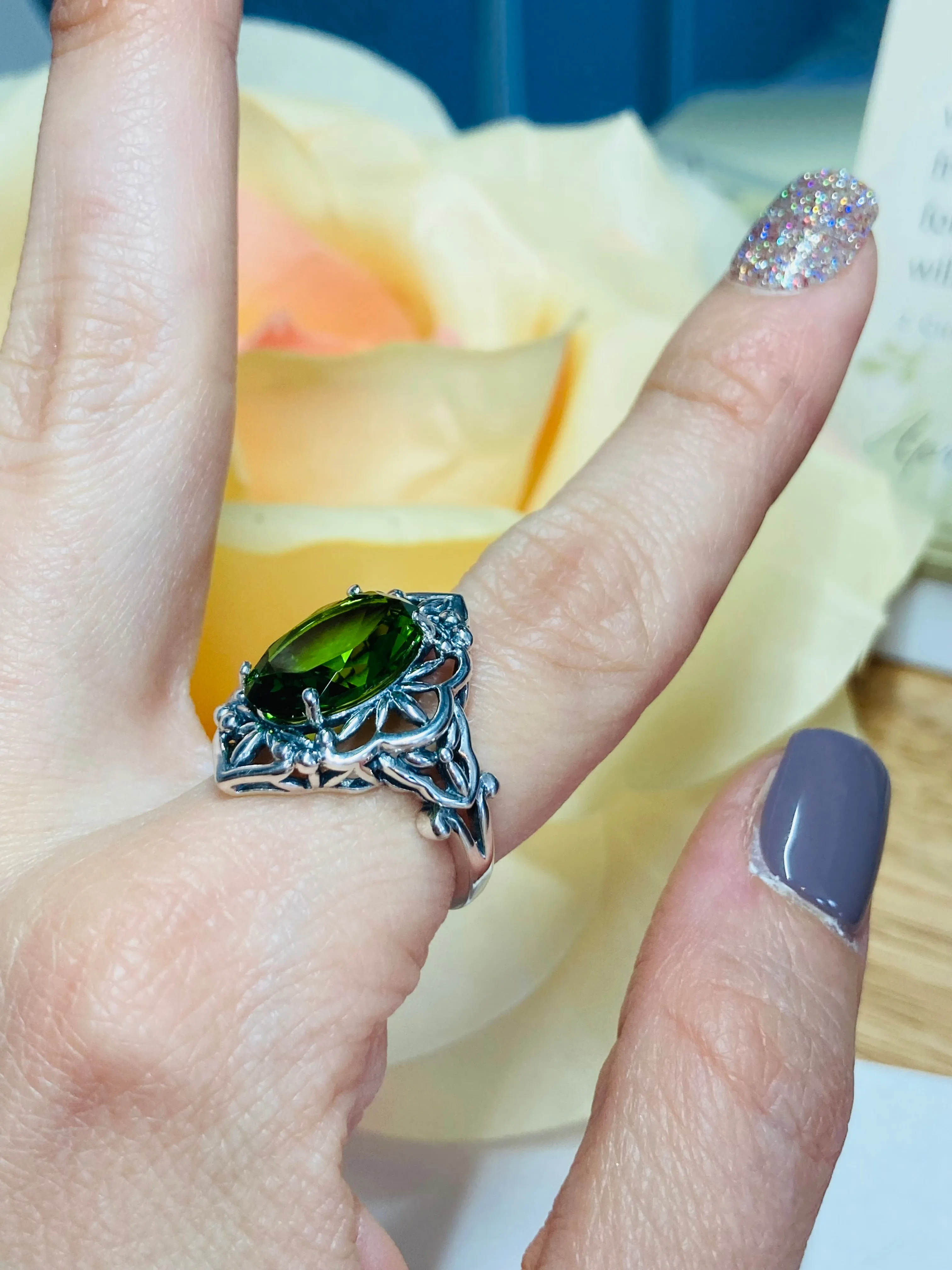 Green Peridot Ring, Gothic Filigree Ring - Vintage Style Ring D98