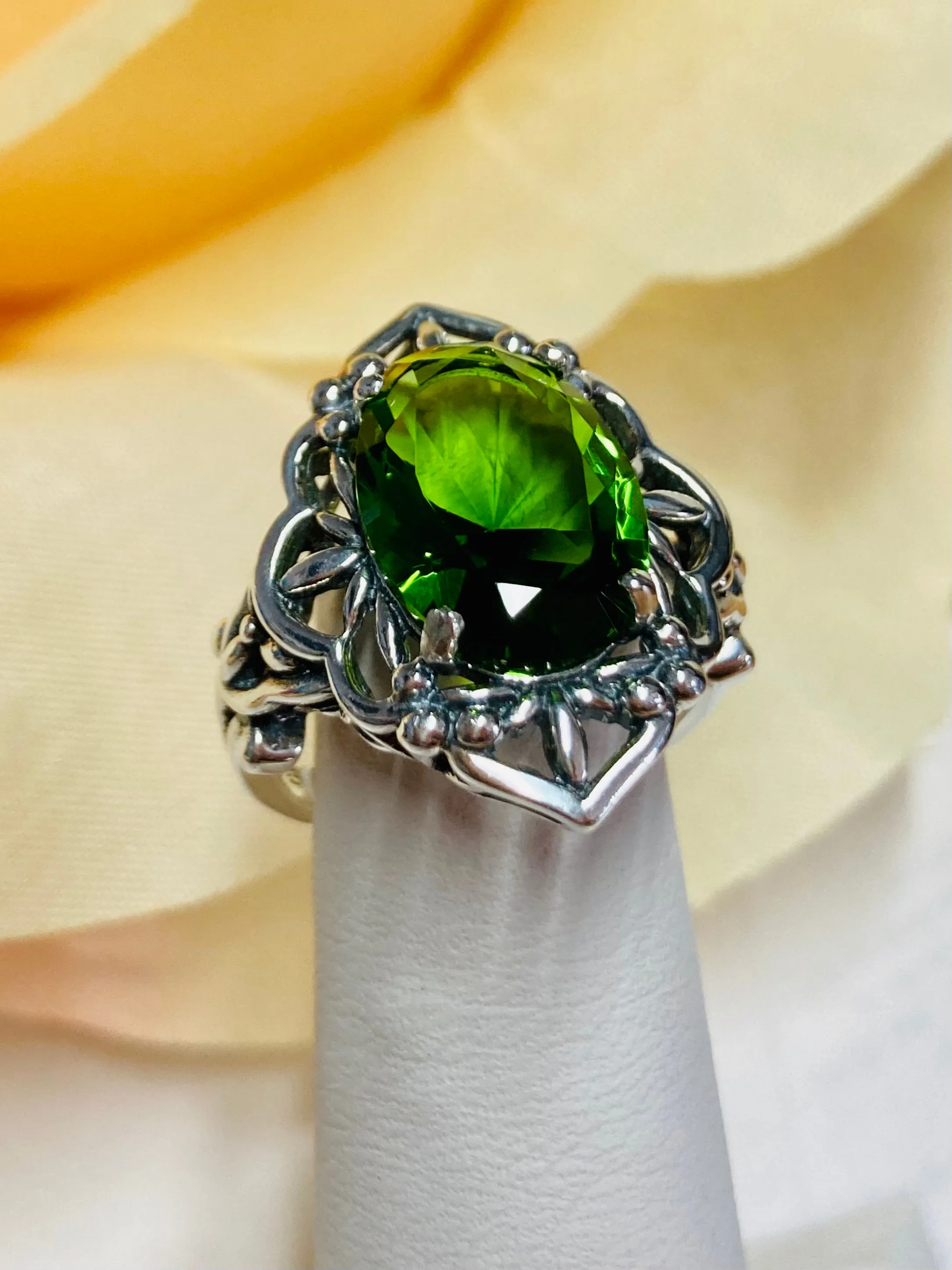 Green Peridot Ring, Gothic Filigree Ring - Vintage Style Ring D98