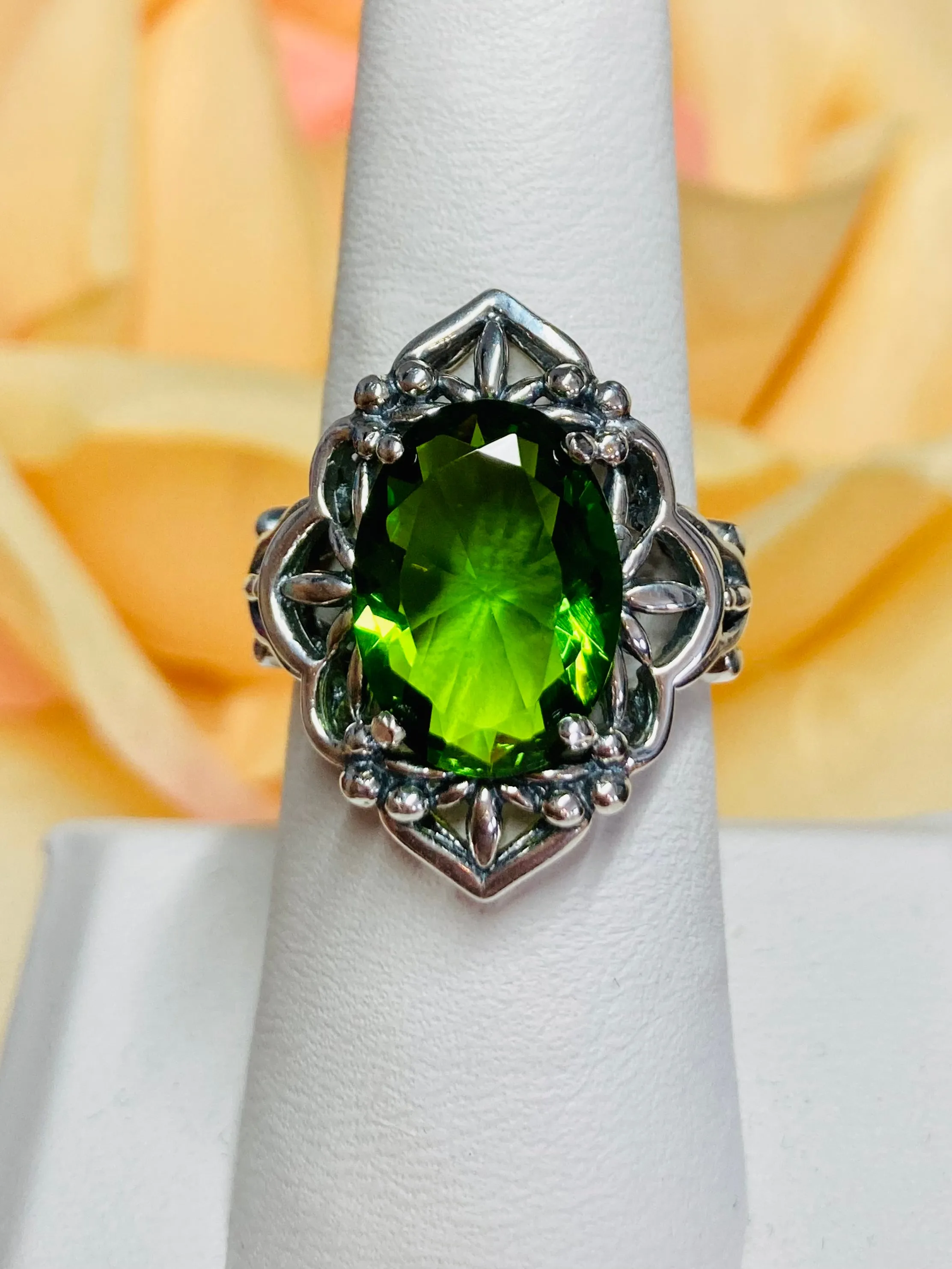 Green Peridot Ring, Gothic Filigree Ring - Vintage Style Ring D98