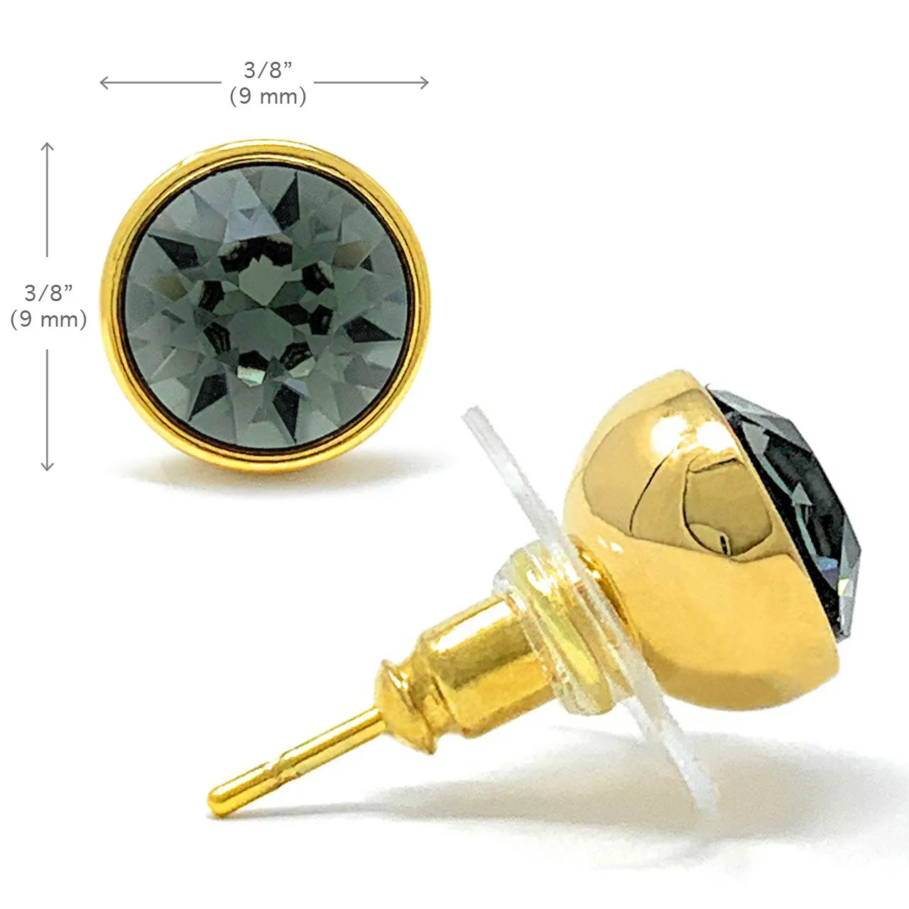 Harley Stud Earrings with Black Diamond Round Crystals from Swarovski Gold Plated