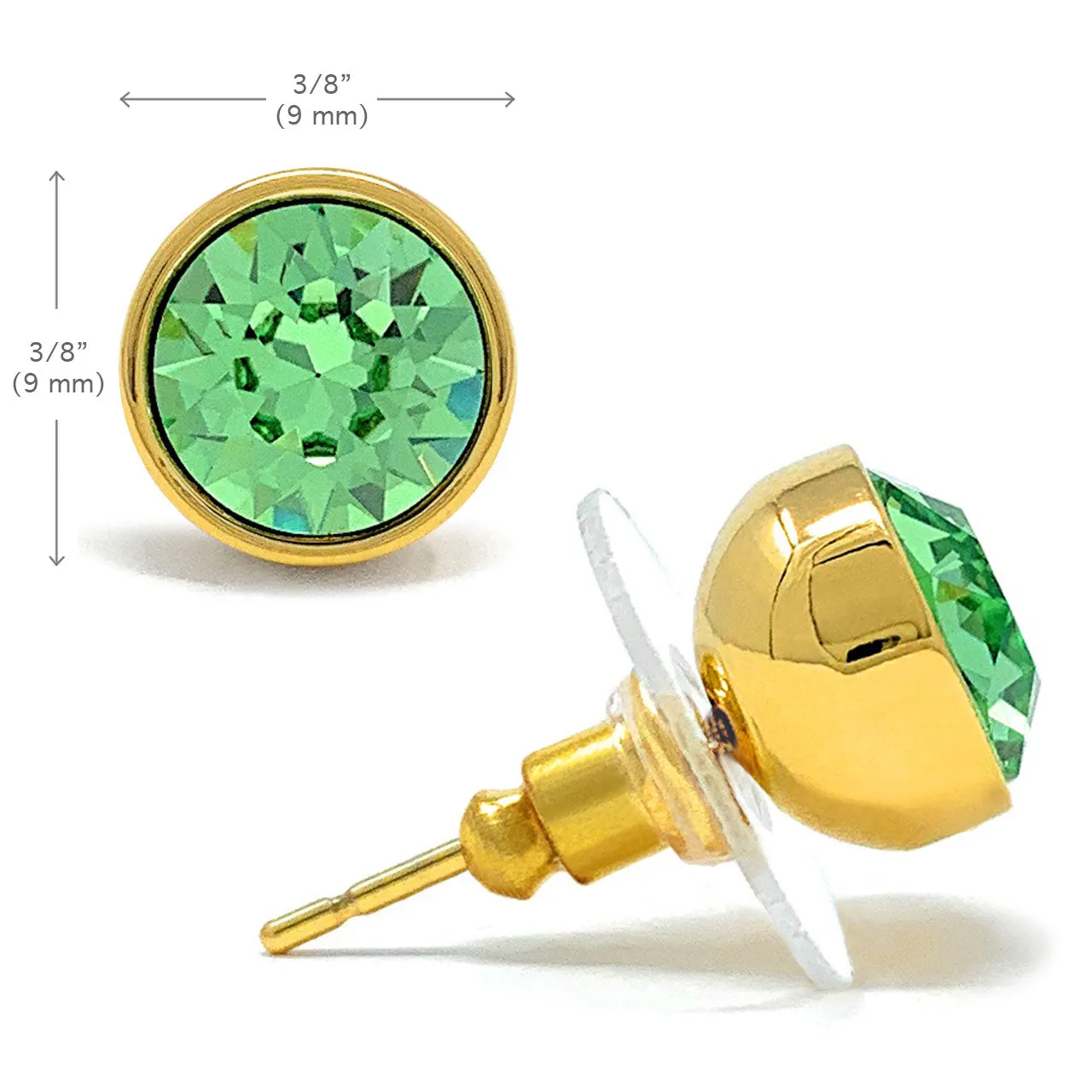 Harley Stud Earrings with Green Peridot Round Crystals from Swarovski Gold Plated