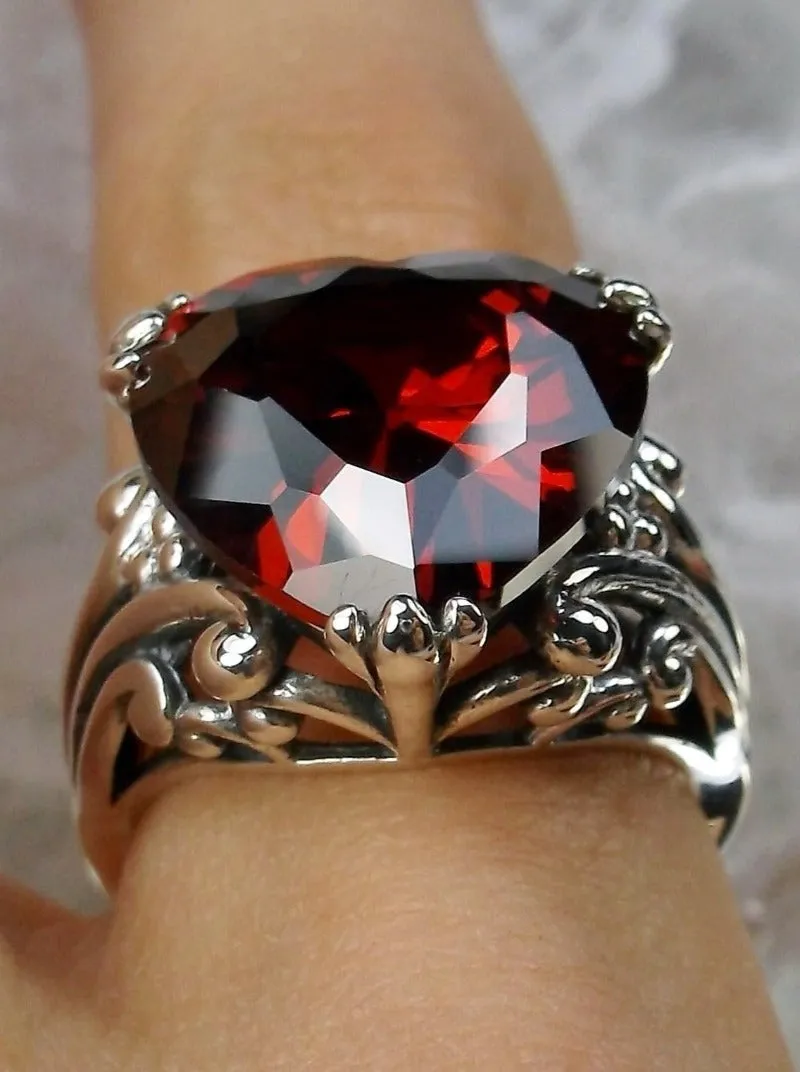 Heart Ring, Red Garnet CZ or Simulated Ruby Gem, Art Deco Jewelry #D213