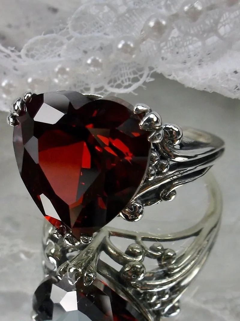 Heart Ring, Red Garnet CZ or Simulated Ruby Gem, Art Deco Jewelry #D213