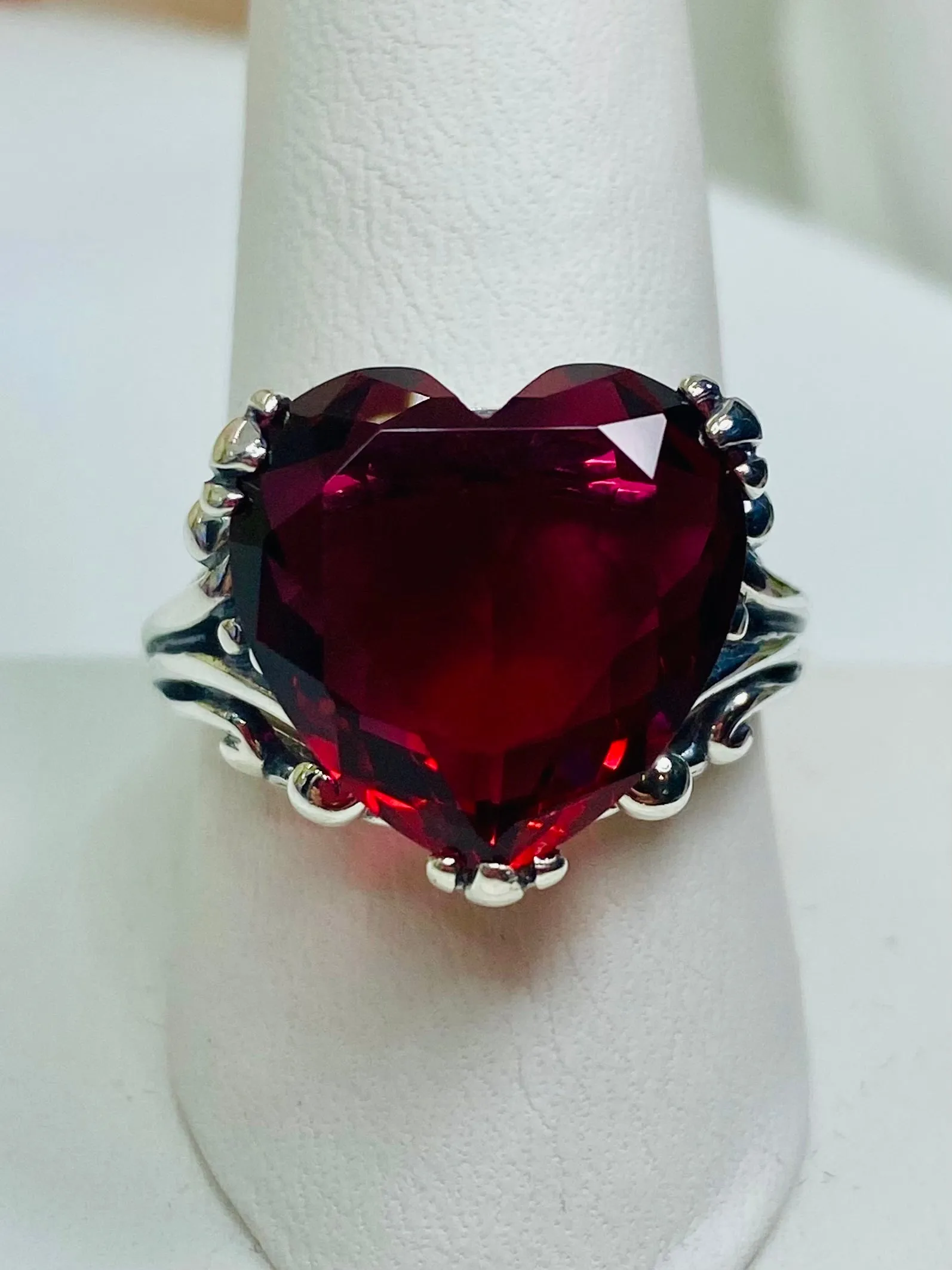 Heart Ring, Red Garnet CZ or Simulated Ruby Gem, Art Deco Jewelry #D213