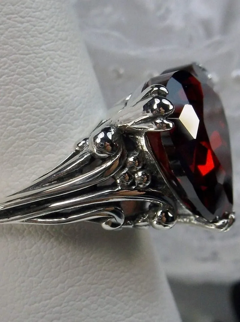 Heart Ring, Red Garnet CZ or Simulated Ruby Gem, Art Deco Jewelry #D213