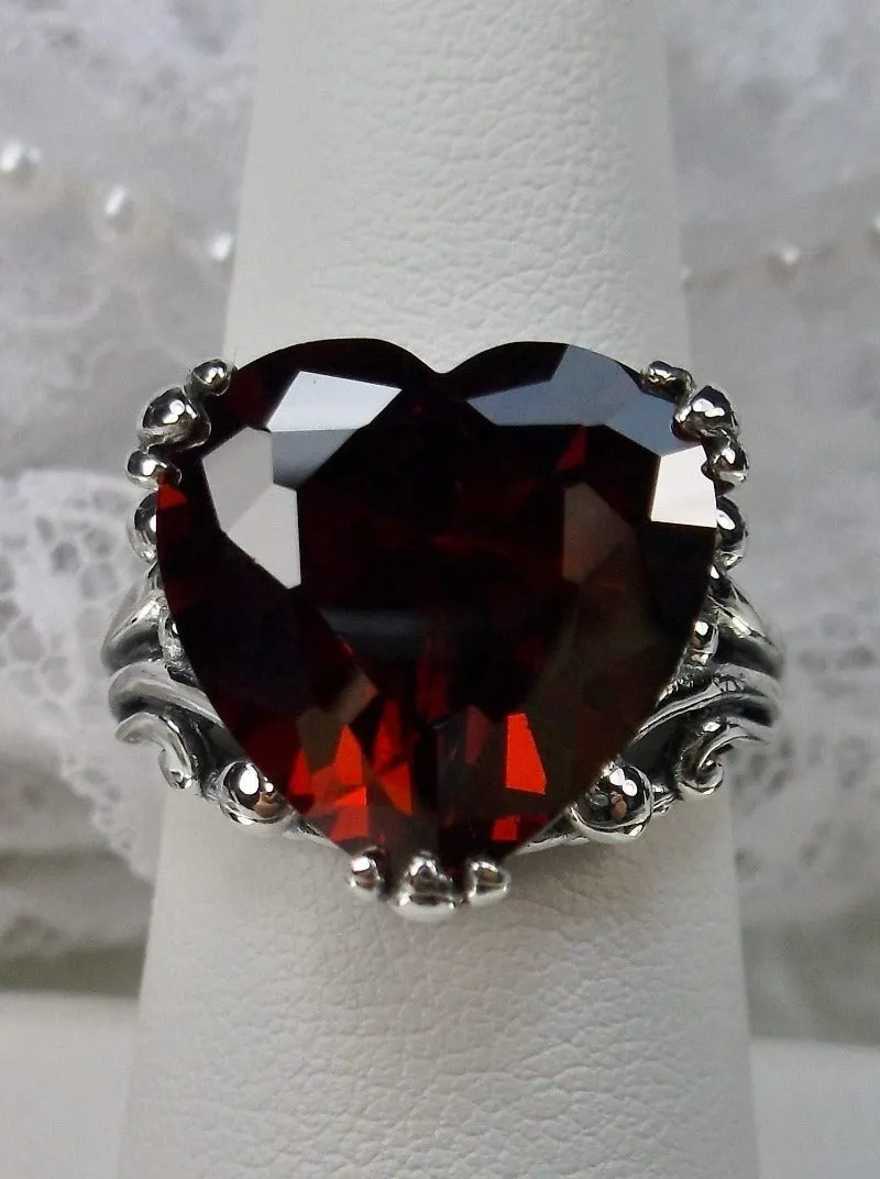 Heart Ring, Red Garnet CZ or Simulated Ruby Gem, Art Deco Jewelry #D213