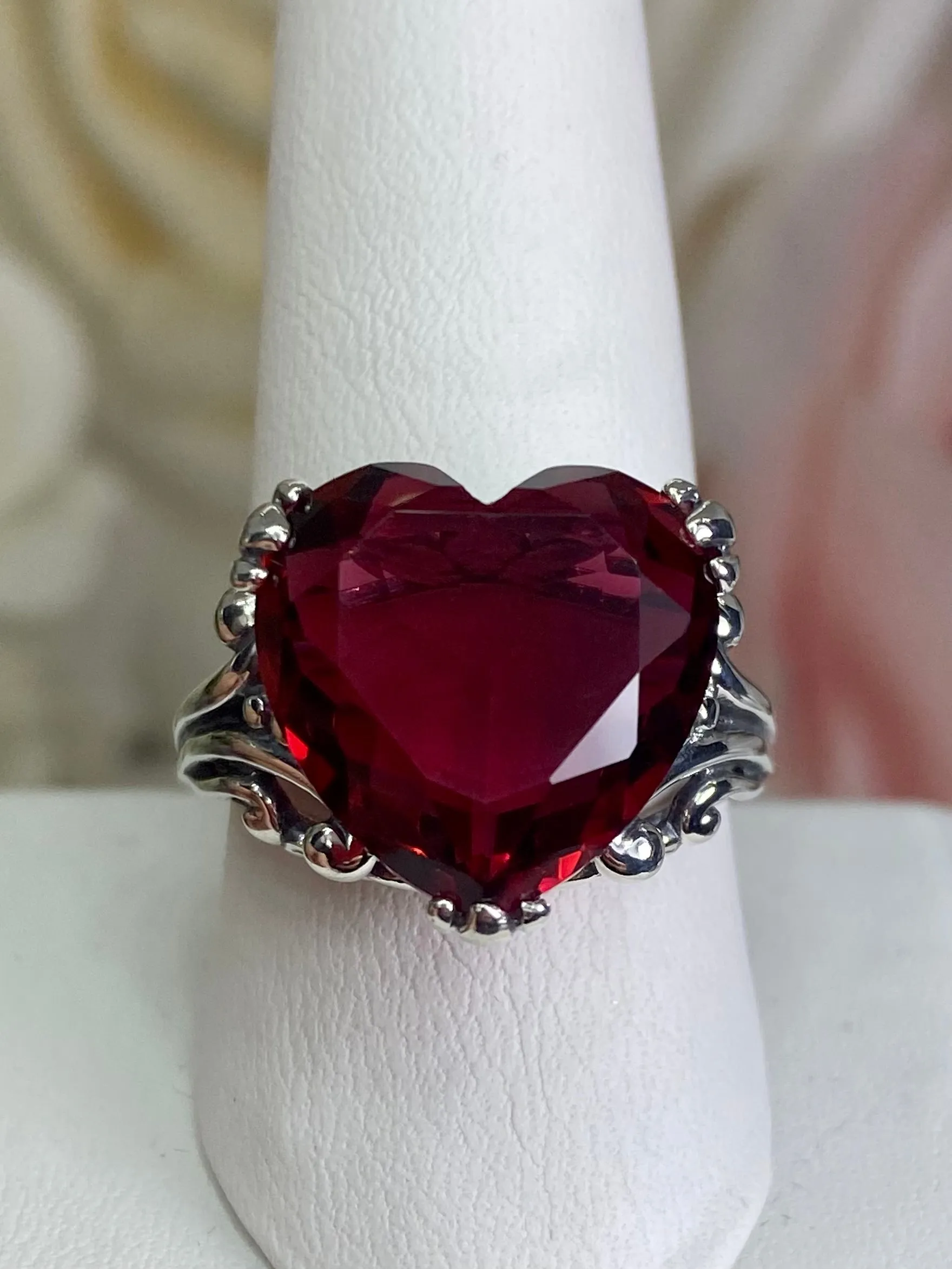 Heart Ring, Red Garnet CZ or Simulated Ruby Gem, Art Deco Jewelry #D213