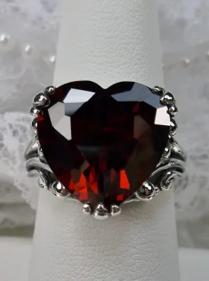 Heart Ring, Red Garnet CZ or Simulated Ruby Gem, Art Deco Jewelry #D213