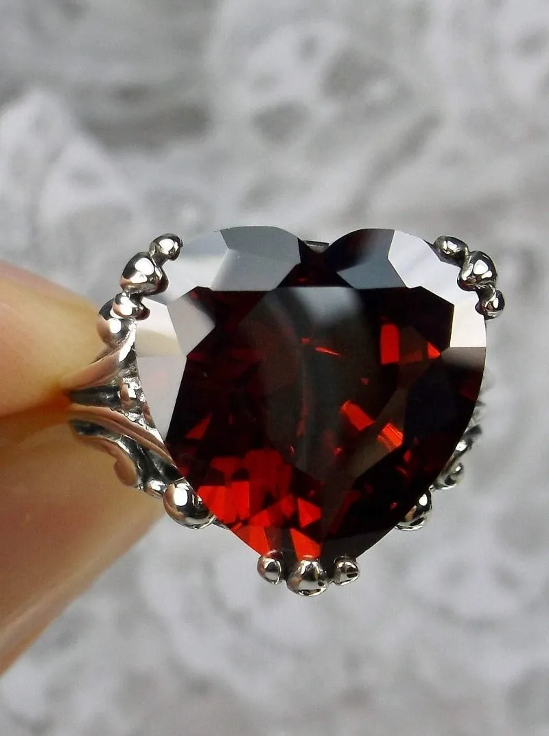 Heart Ring, Red Garnet CZ or Simulated Ruby Gem, Art Deco Jewelry #D213