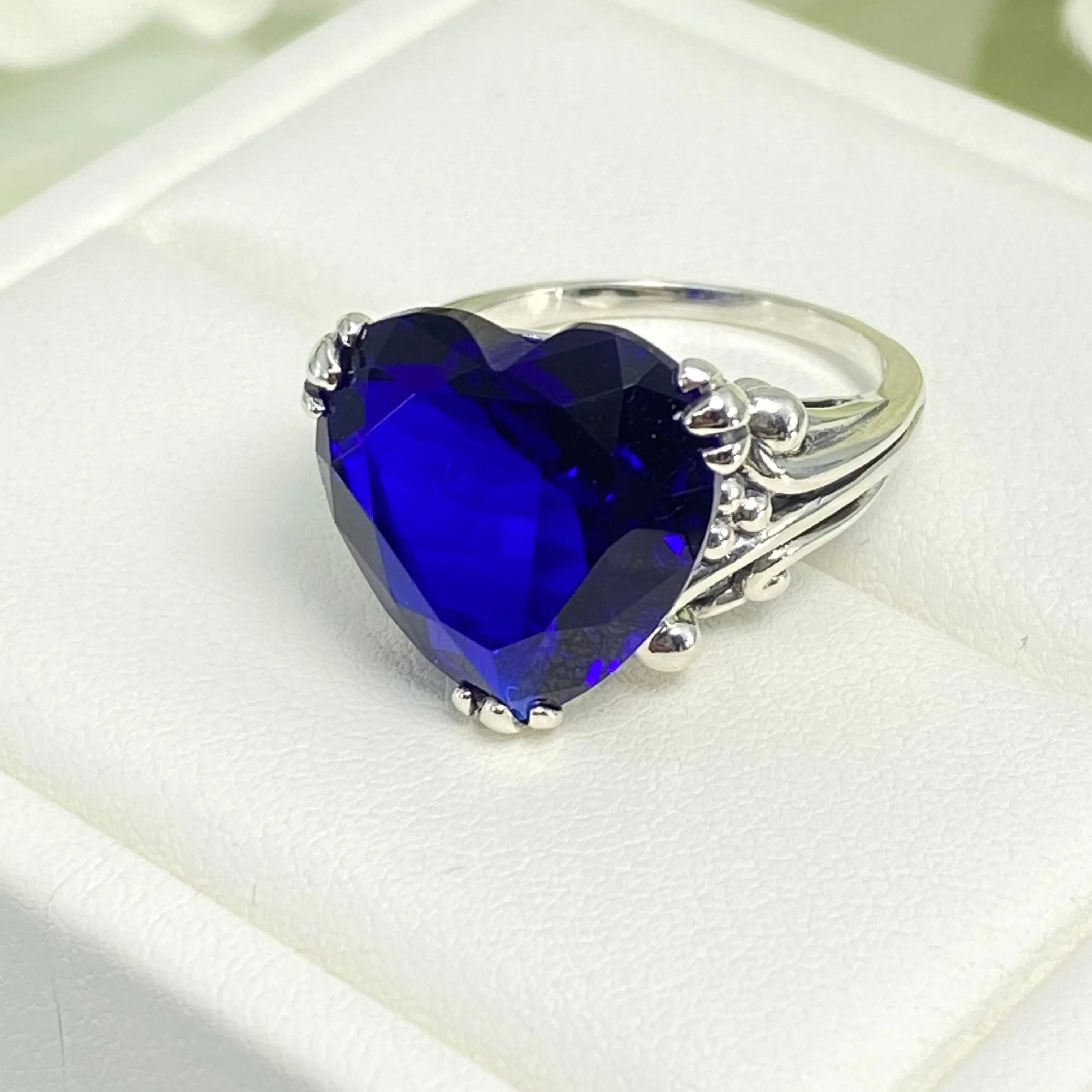 Heart Ring, Size 7, Blue Sapphire Gemstone, Art Deco Jewelry #D213 - Ready to Ship