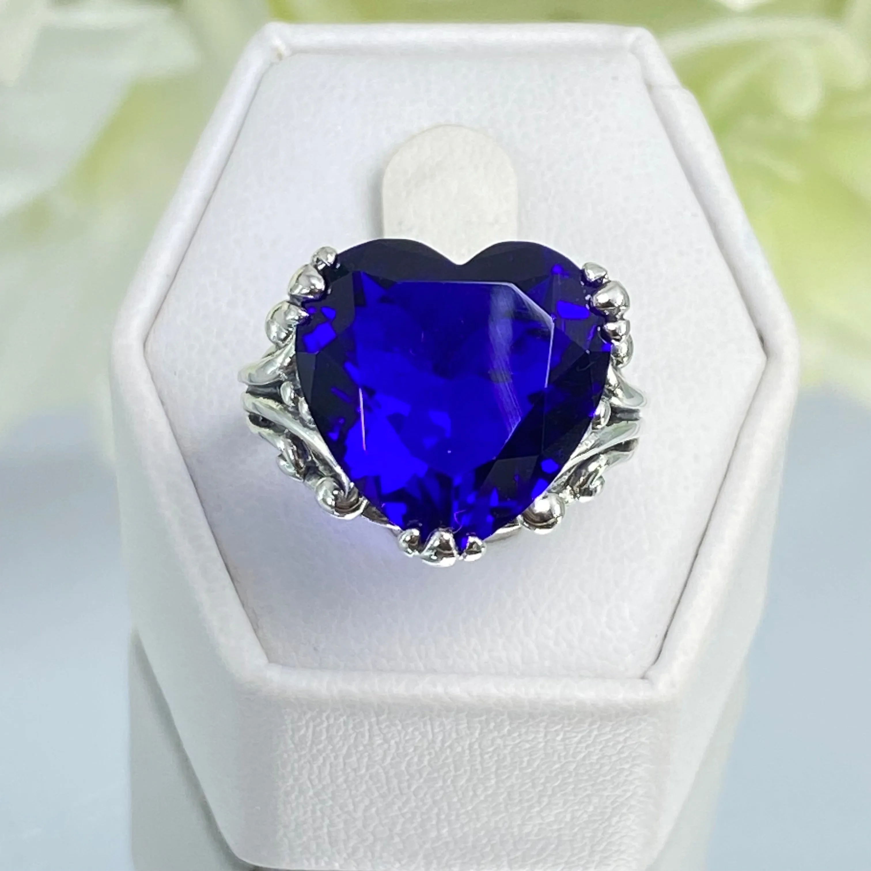 Heart Ring, Size 7, Blue Sapphire Gemstone, Art Deco Jewelry #D213 - Ready to Ship