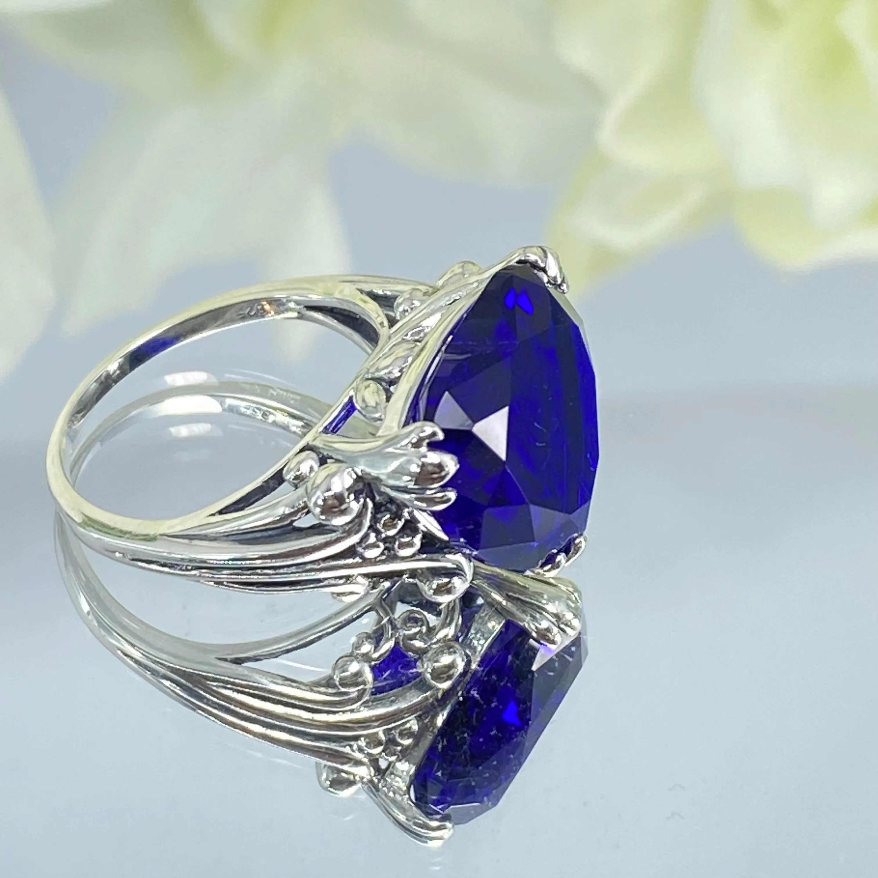 Heart Ring, Size 7, Blue Sapphire Gemstone, Art Deco Jewelry #D213 - Ready to Ship