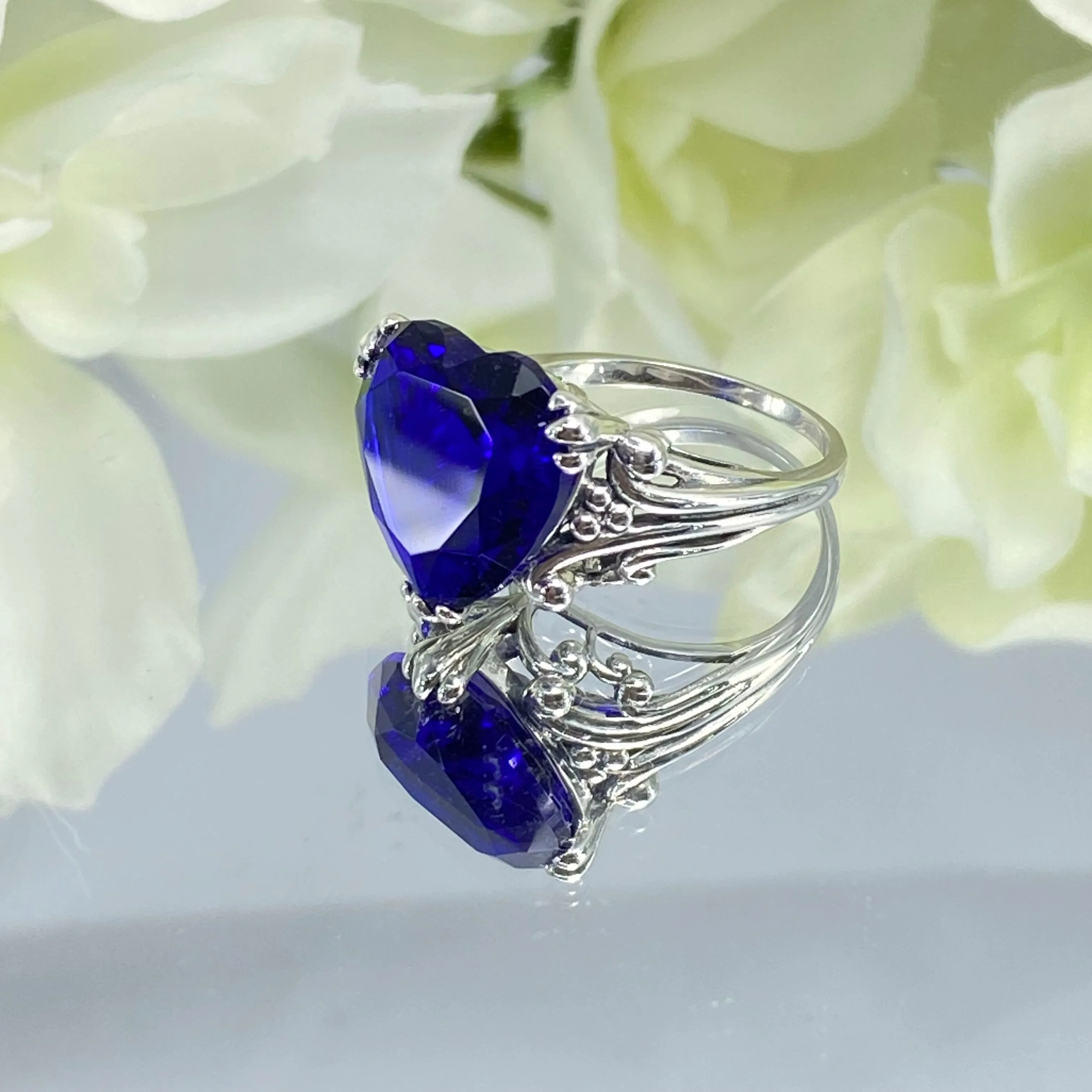 Heart Ring, Size 7, Blue Sapphire Gemstone, Art Deco Jewelry #D213 - Ready to Ship