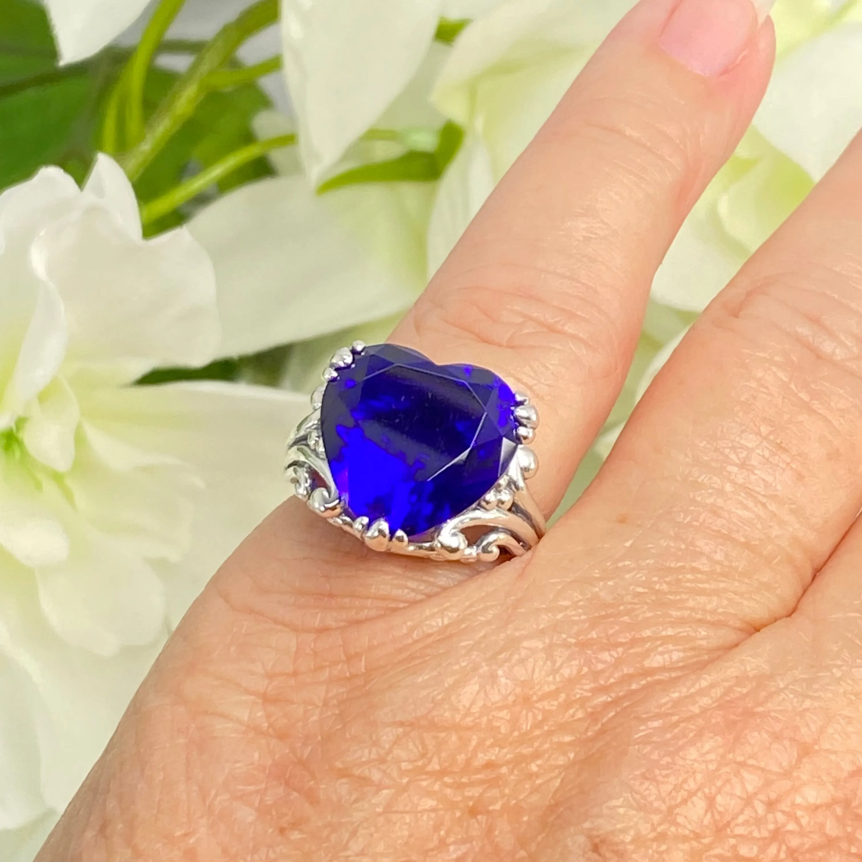 Heart Ring, Size 7, Blue Sapphire Gemstone, Art Deco Jewelry #D213 - Ready to Ship