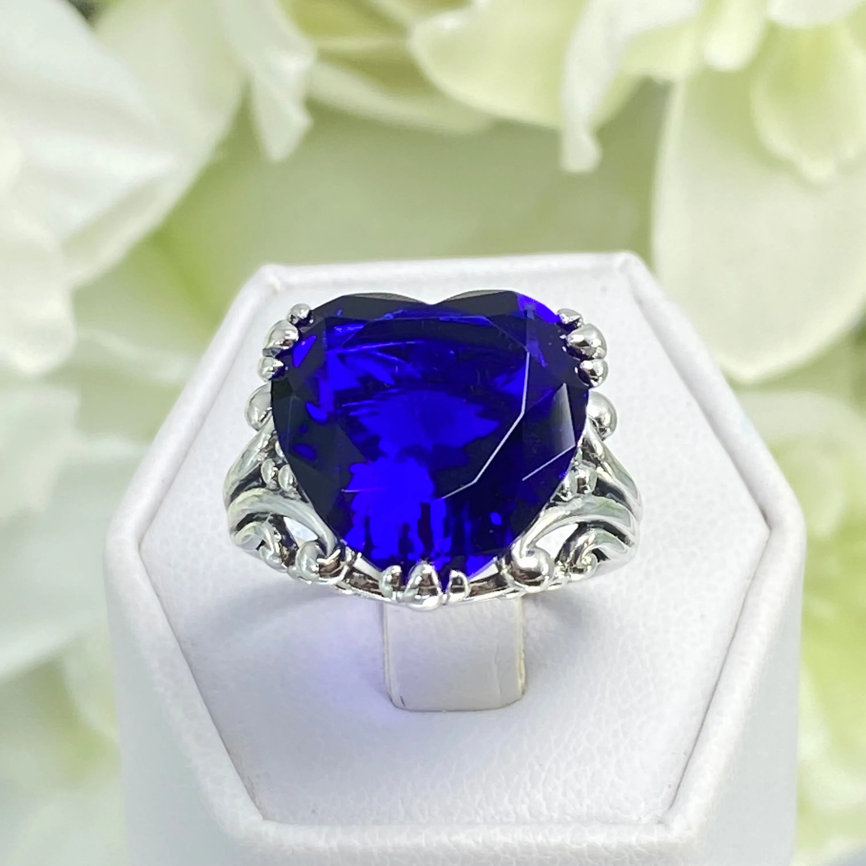 Heart Ring, Size 7, Blue Sapphire Gemstone, Art Deco Jewelry #D213 - Ready to Ship