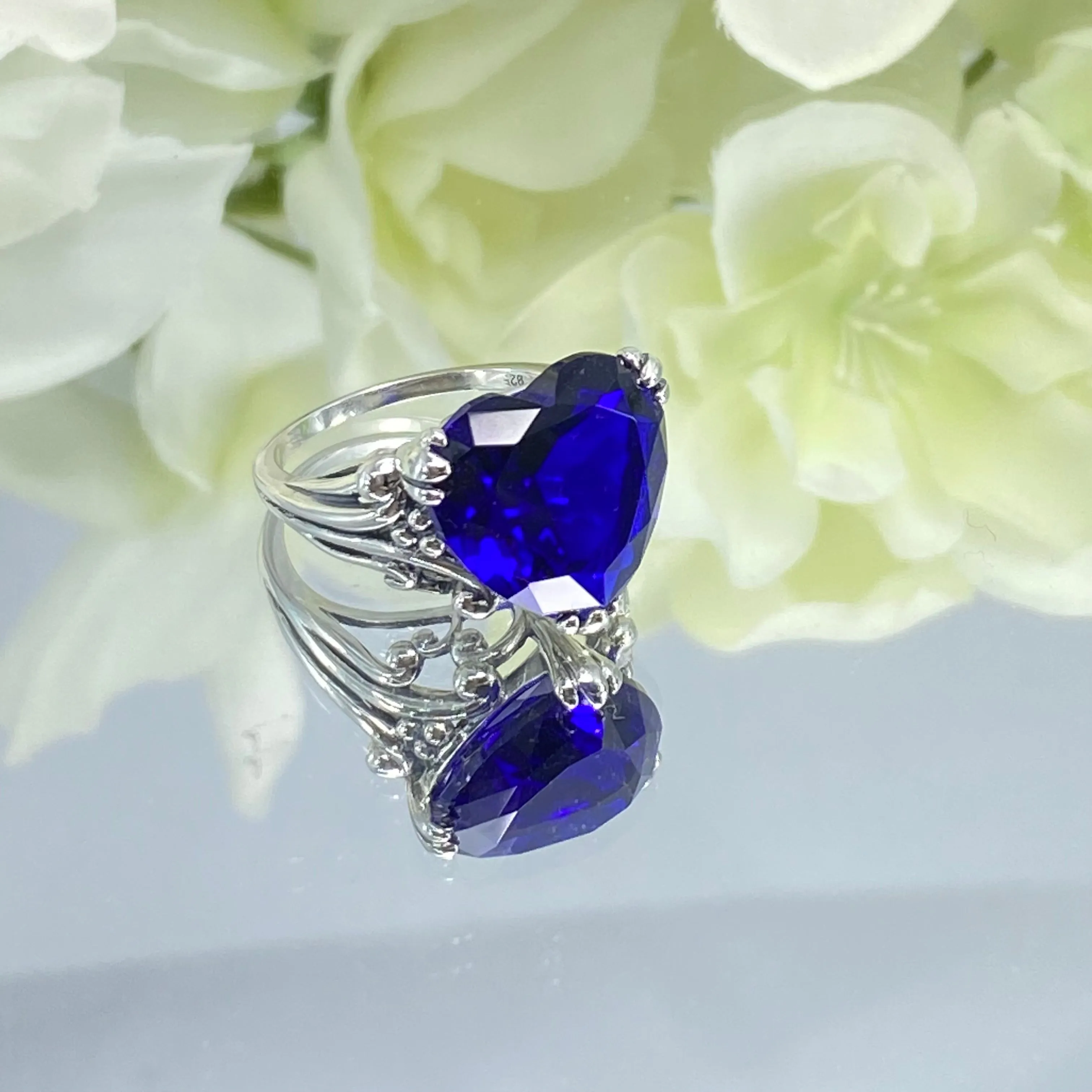Heart Ring, Size 7, Blue Sapphire Gemstone, Art Deco Jewelry #D213 - Ready to Ship