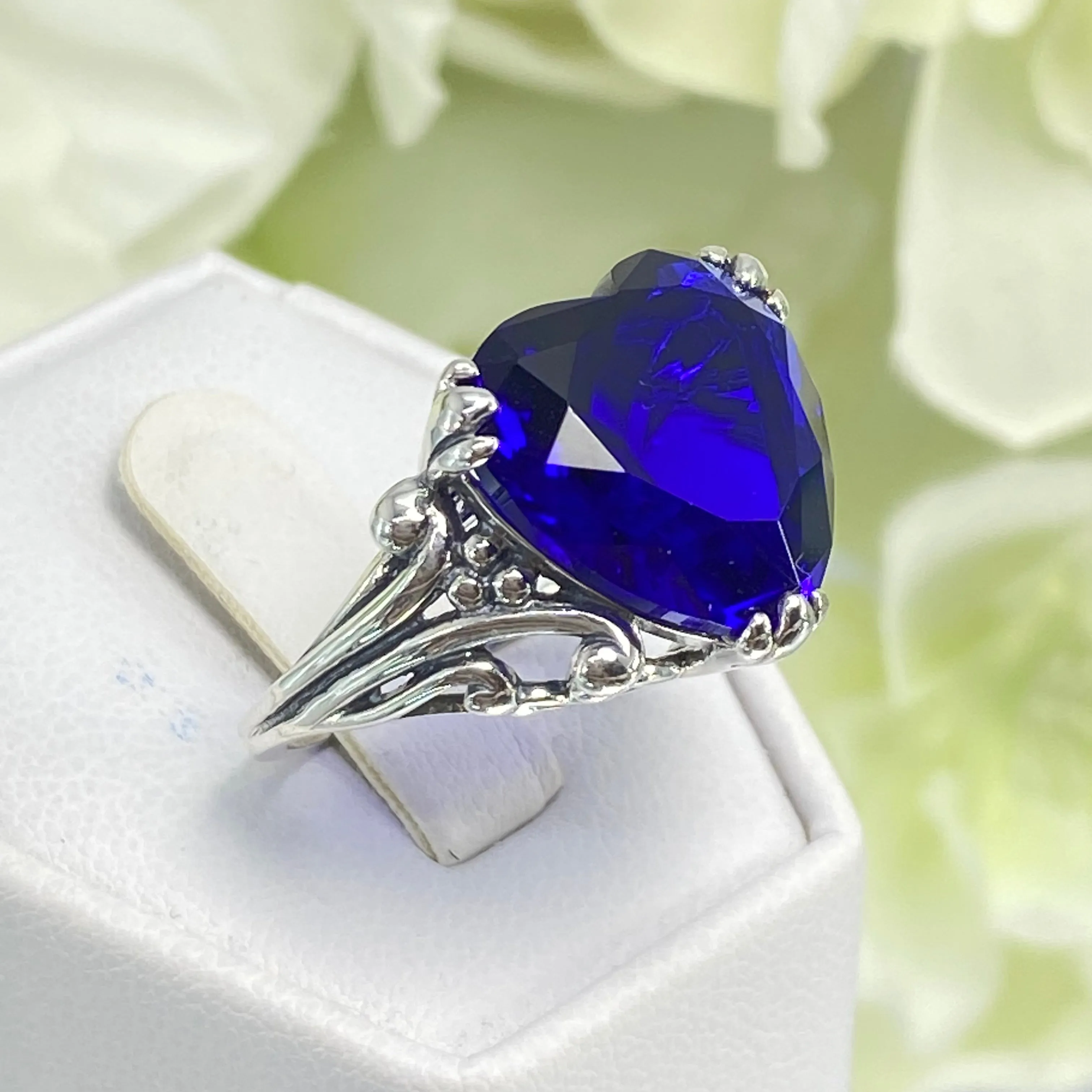 Heart Ring, Size 7, Blue Sapphire Gemstone, Art Deco Jewelry #D213 - Ready to Ship