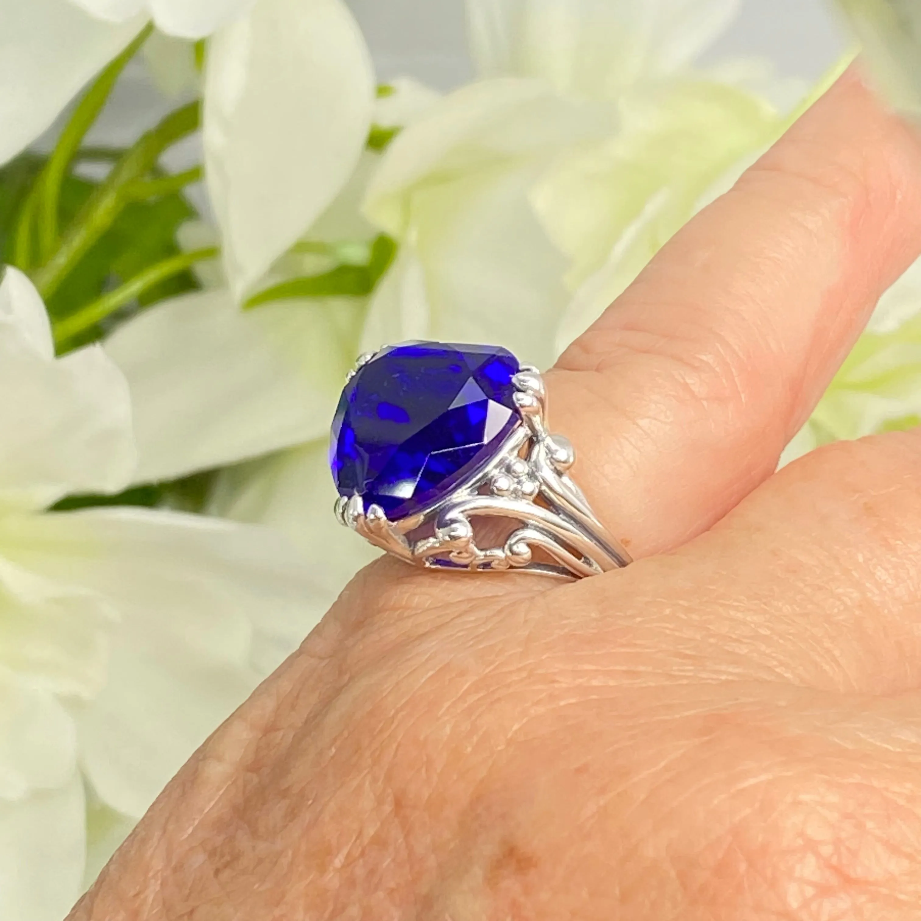 Heart Ring, Size 7, Blue Sapphire Gemstone, Art Deco Jewelry #D213 - Ready to Ship