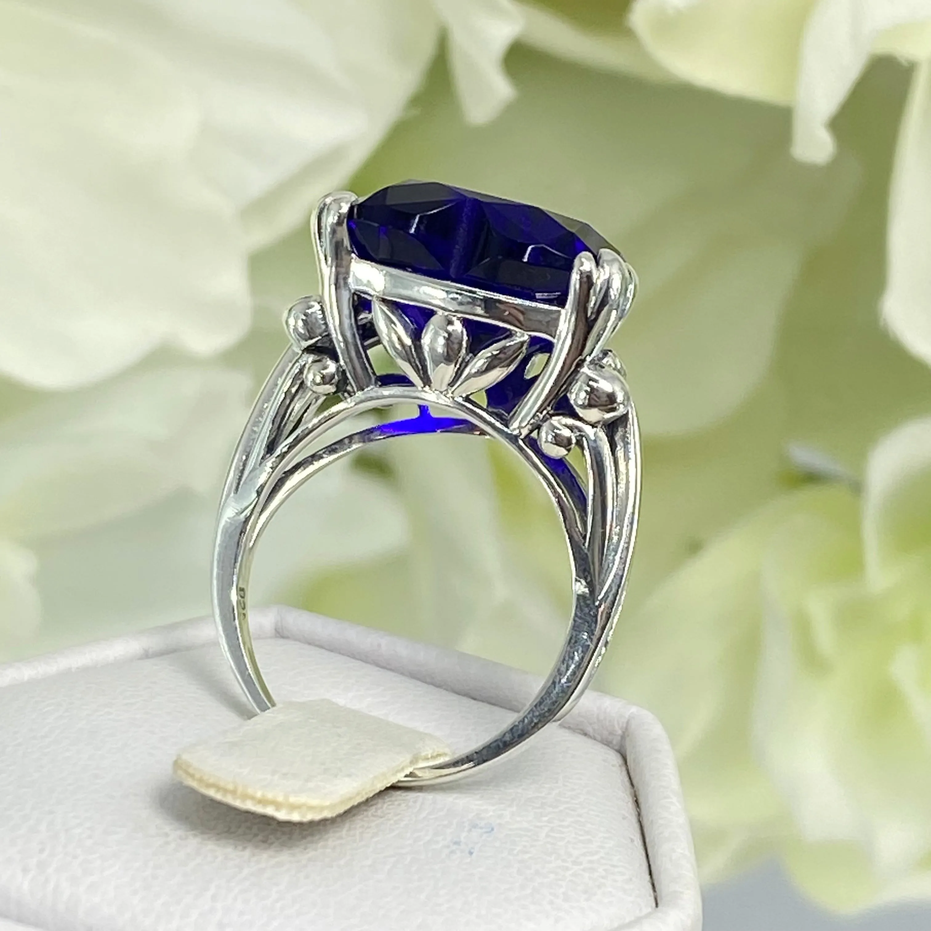 Heart Ring, Size 7, Blue Sapphire Gemstone, Art Deco Jewelry #D213 - Ready to Ship