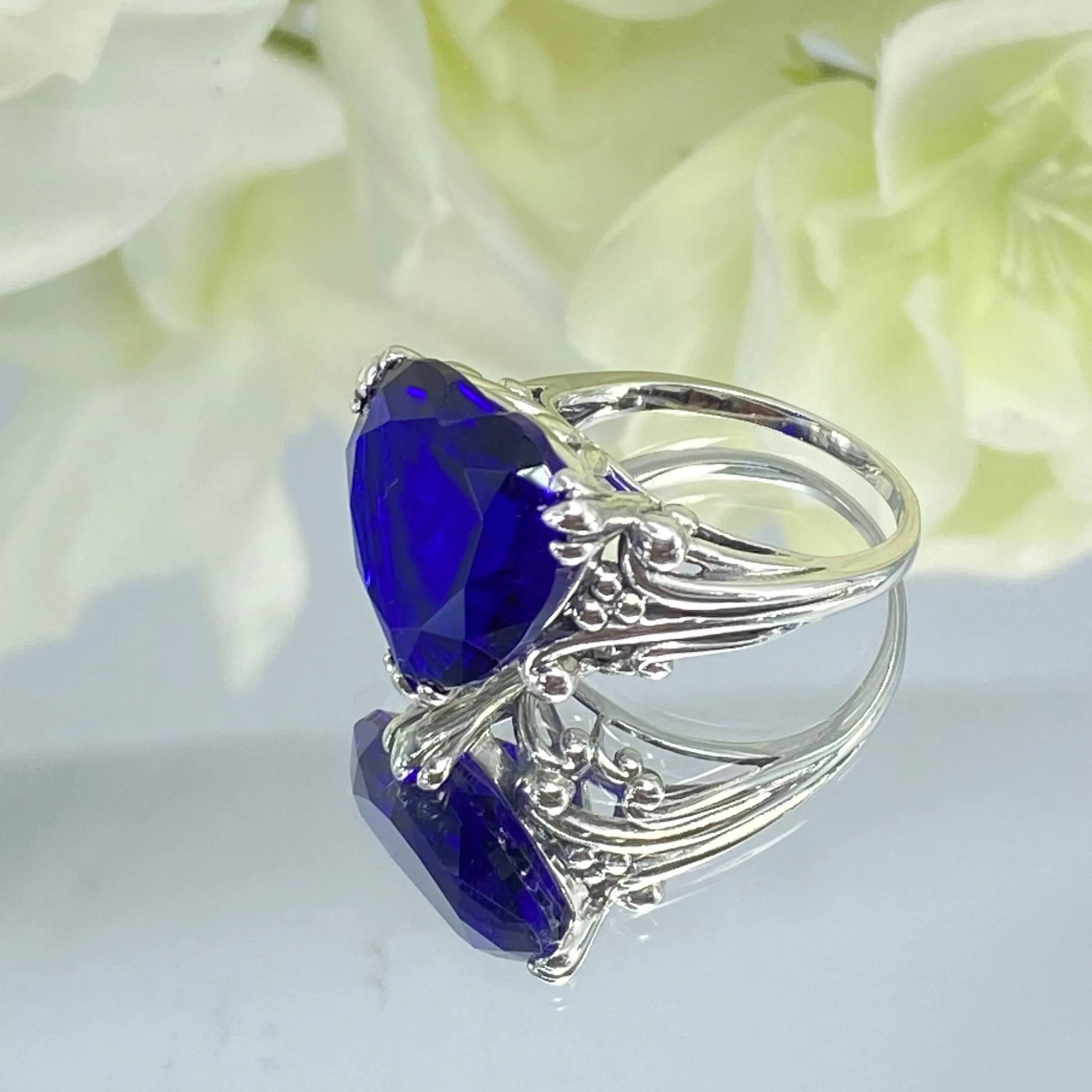 Heart Ring, Size 7, Blue Sapphire Gemstone, Art Deco Jewelry #D213 - Ready to Ship
