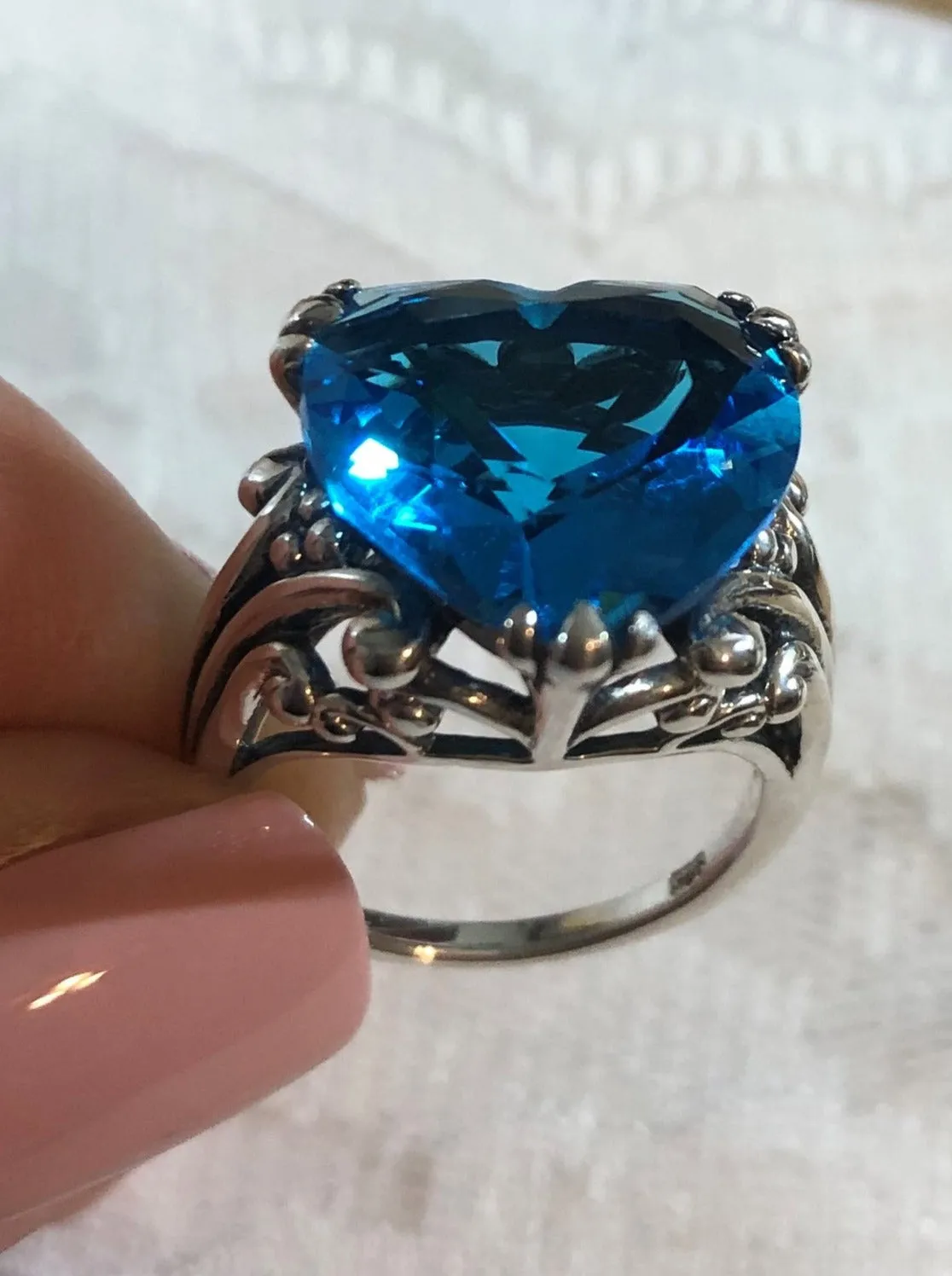Heart Ring, Swiss Blue Gem, Art Deco Jewelry #D213
