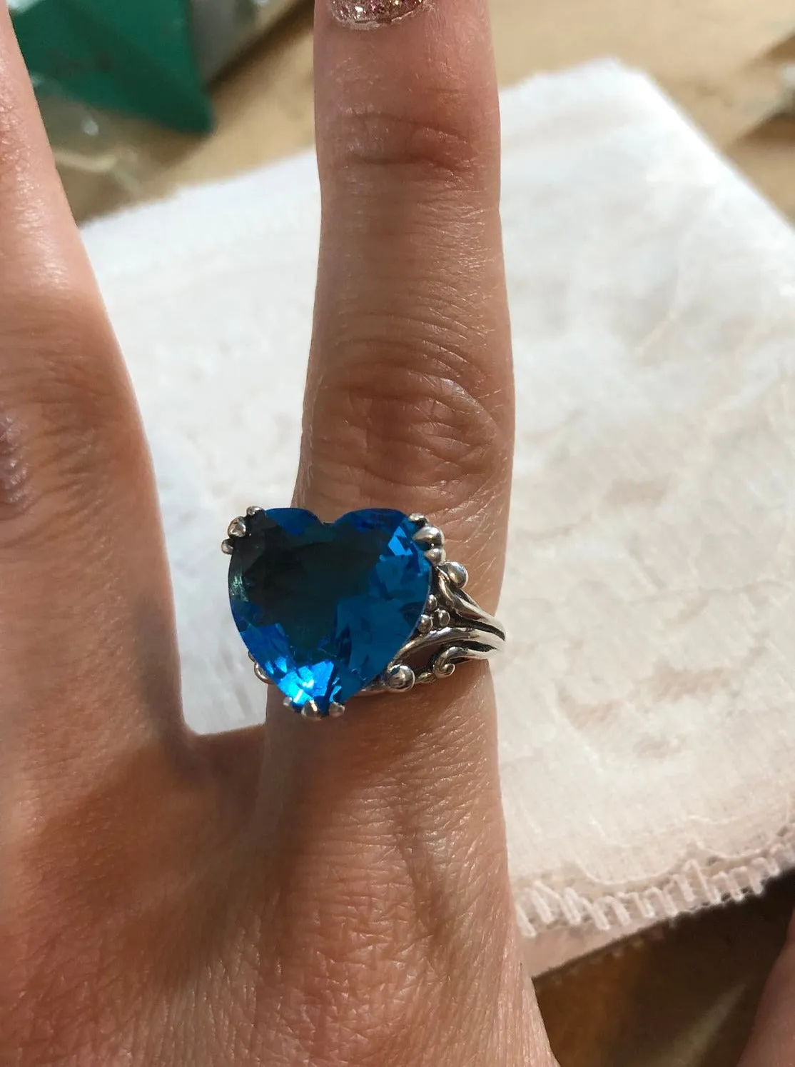 Heart Ring, Swiss Blue Gem, Art Deco Jewelry #D213
